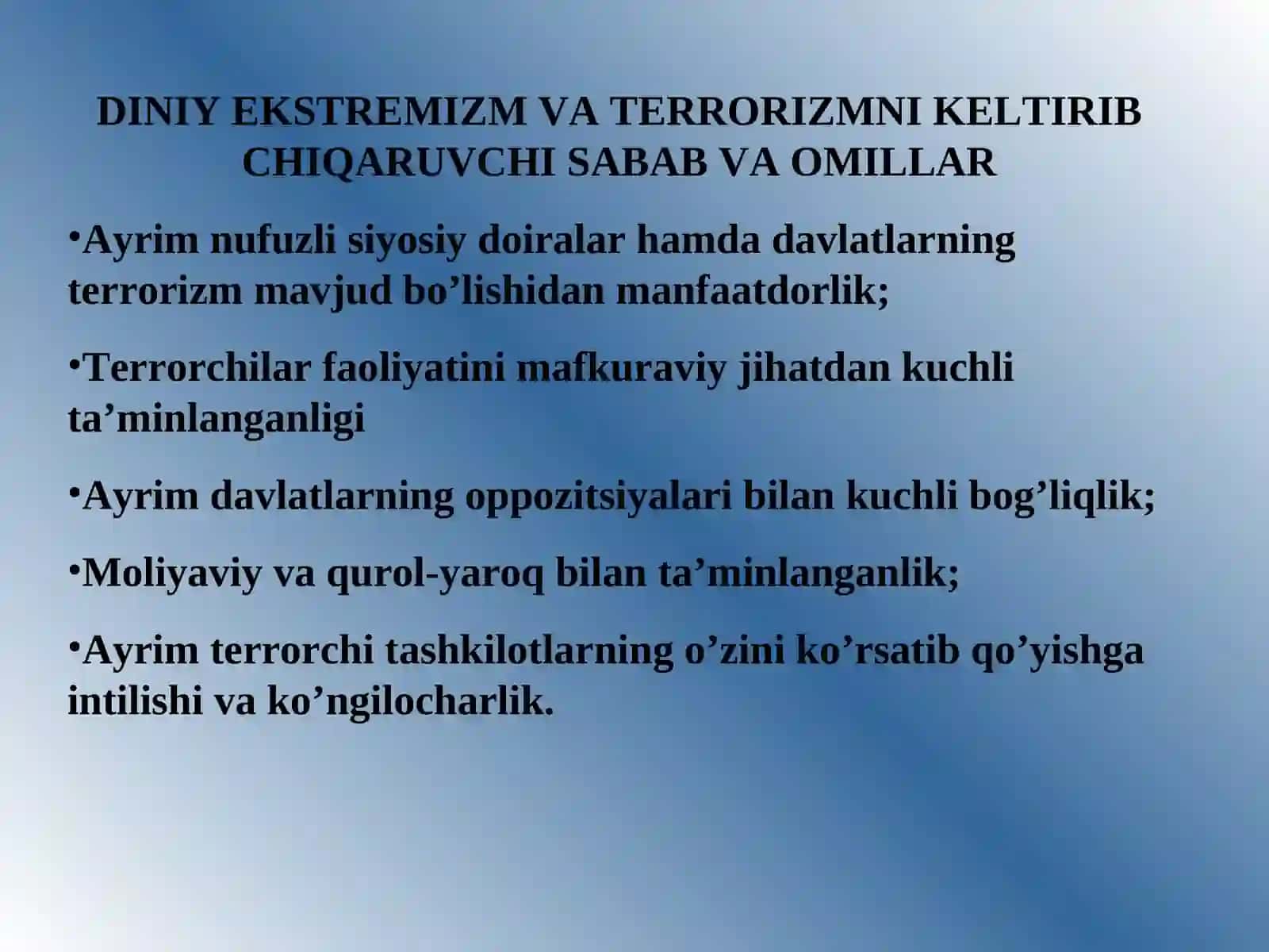 O’zbekistonning diniy ekstremizm va xalqaro terrorizmga qarshi global kurashdagi o’rni 4