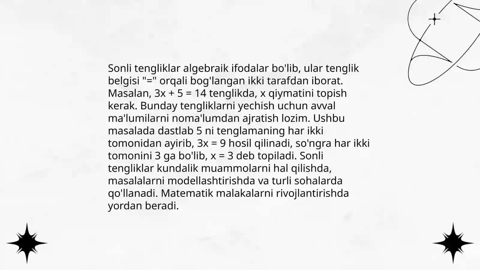 O'zgaruvchi qatnashgan ifoda.Tenglik va tengsizlik Sonli tenglik, tengsizlik va uni yechishga o'rgatish metodikasi 4