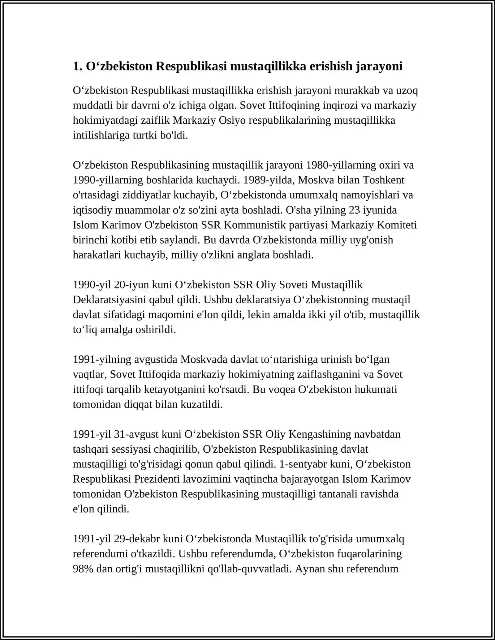 MUSTAQIL OʻZBEKISTON RESPUBLIKASI TASHKIL TOPISHINING TARIXIY AHAMIYATI 4