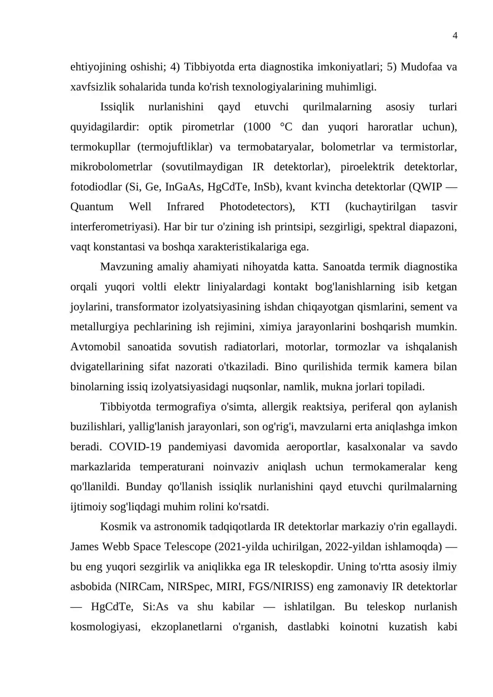 «ISSIQLIK NURLANISHINI QAYD ETUVCHI QURILMALARNING ASOSIY XARAKTERISTIKALARI BILAN TANISHISH» KURS ISHI 4