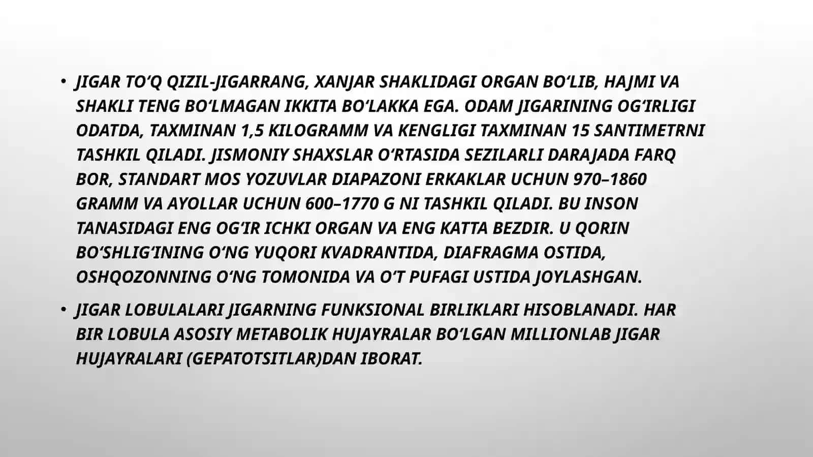 Jigar va o‘t qopining anatomo-fiziologik xususiyatlari. Jigar bo‘lakchalarining tuzilishi. Normada va patologiyada duodenal suyuqlikning 3 porsiyasi 4