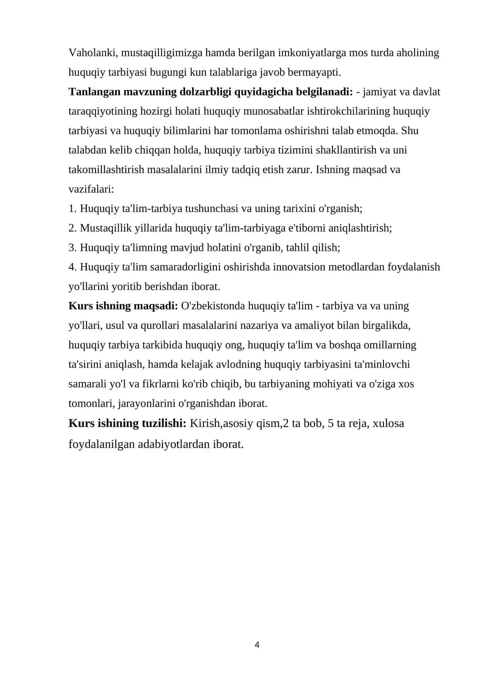 Huquqiy madaniyat va huquqiy tarbiya asoslari fanidan ‘Huquqiy madaniyat va huquqiy tarbiyaning o'zaro munosabati’ mavzusida’’ Kurs ishi 4