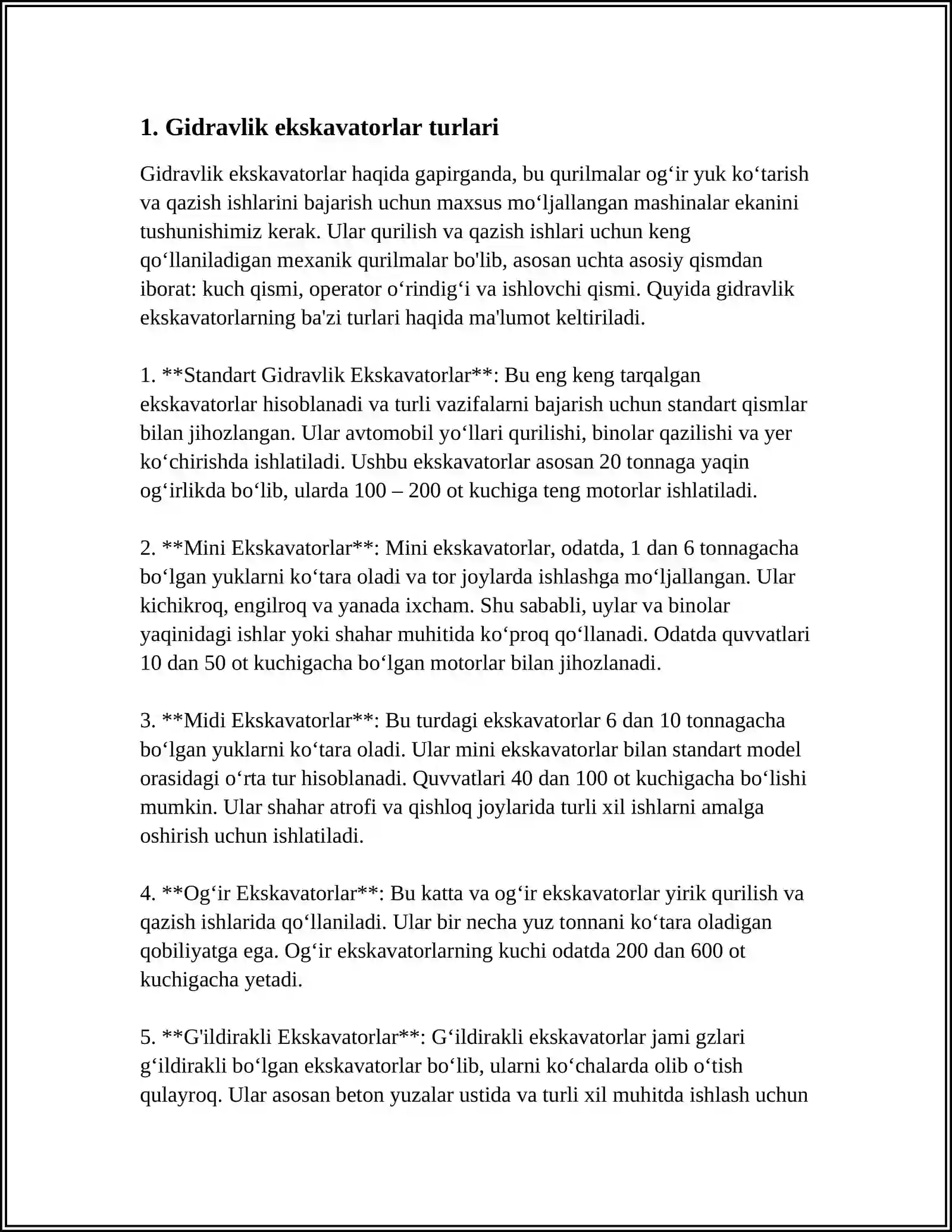 BIR CHOʻMICHLI TESKARI KURAKLI GIDRAVLIK EKSKAVATORLARNING ASOSIY QISMLARI VA KONSTRUKTIV TUZILISHINI OʻRGANISH 4