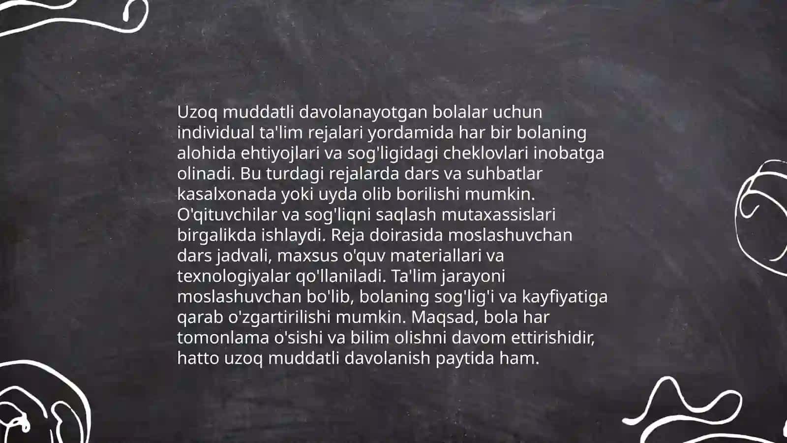 Tibbiyot muassasalari statsionlarida uzoq muddatli davolaniyotgan bolalar uchun ta'lim muhitini yaratish va qo'llab-quvvatlash 4