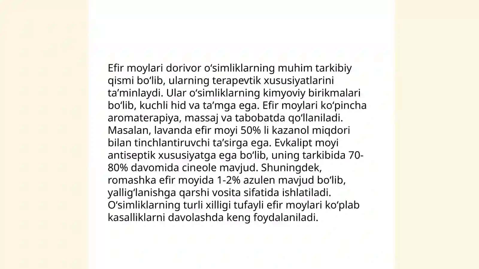 Tarkibida efir moylari bo'lgan dorivor oʻsimlik va mahsulotlar 4