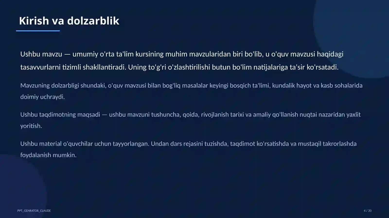 Dolzarb mavzular — maktab va o'qituvchilar (2026) — o'quvchilar uchun 4