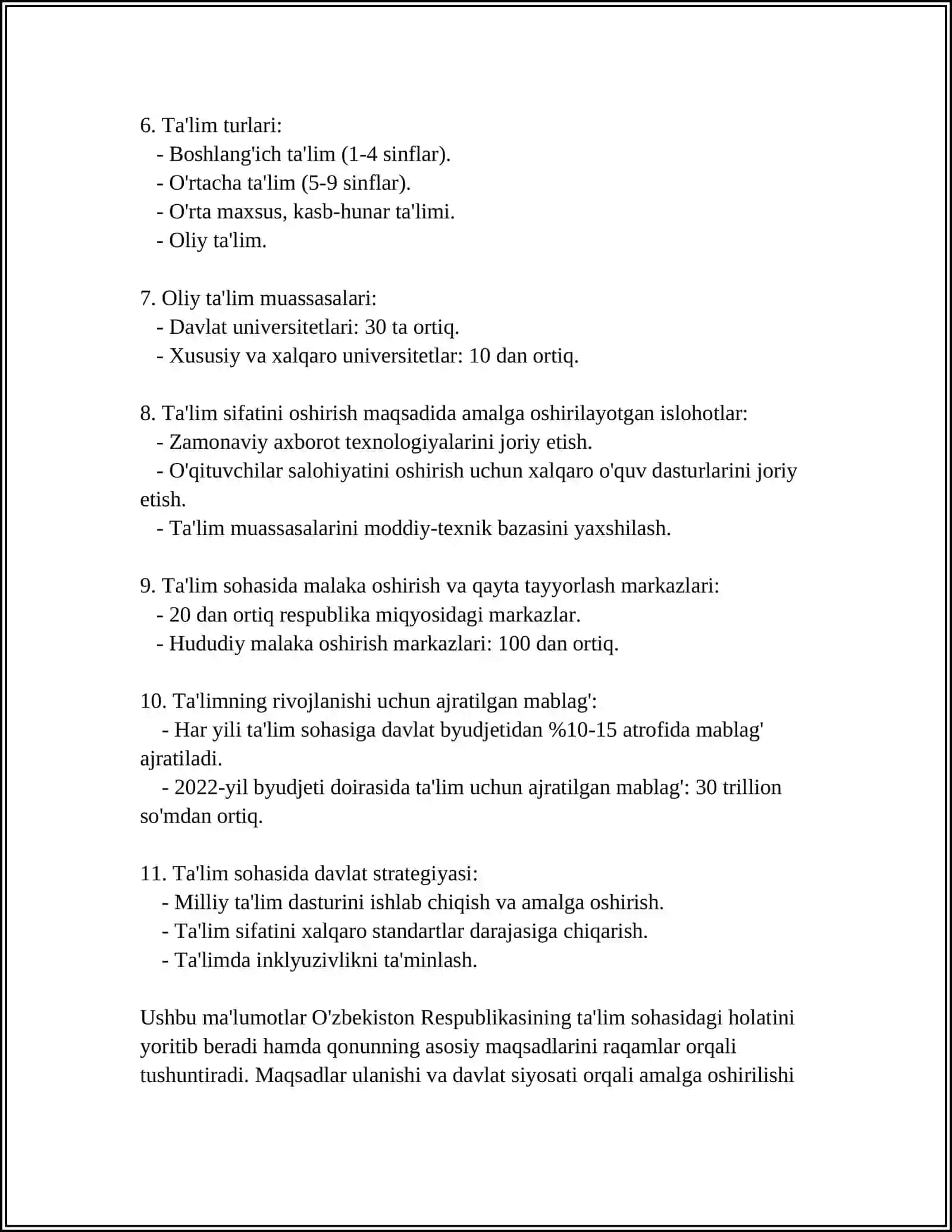 O'ZBEKISTON RESPUBLIKASI "TA'LIM TO'G'RISIDA"GI QONUNI VA UNING MOHIYATI 2024-2025-o'quv yili REFERAT 4