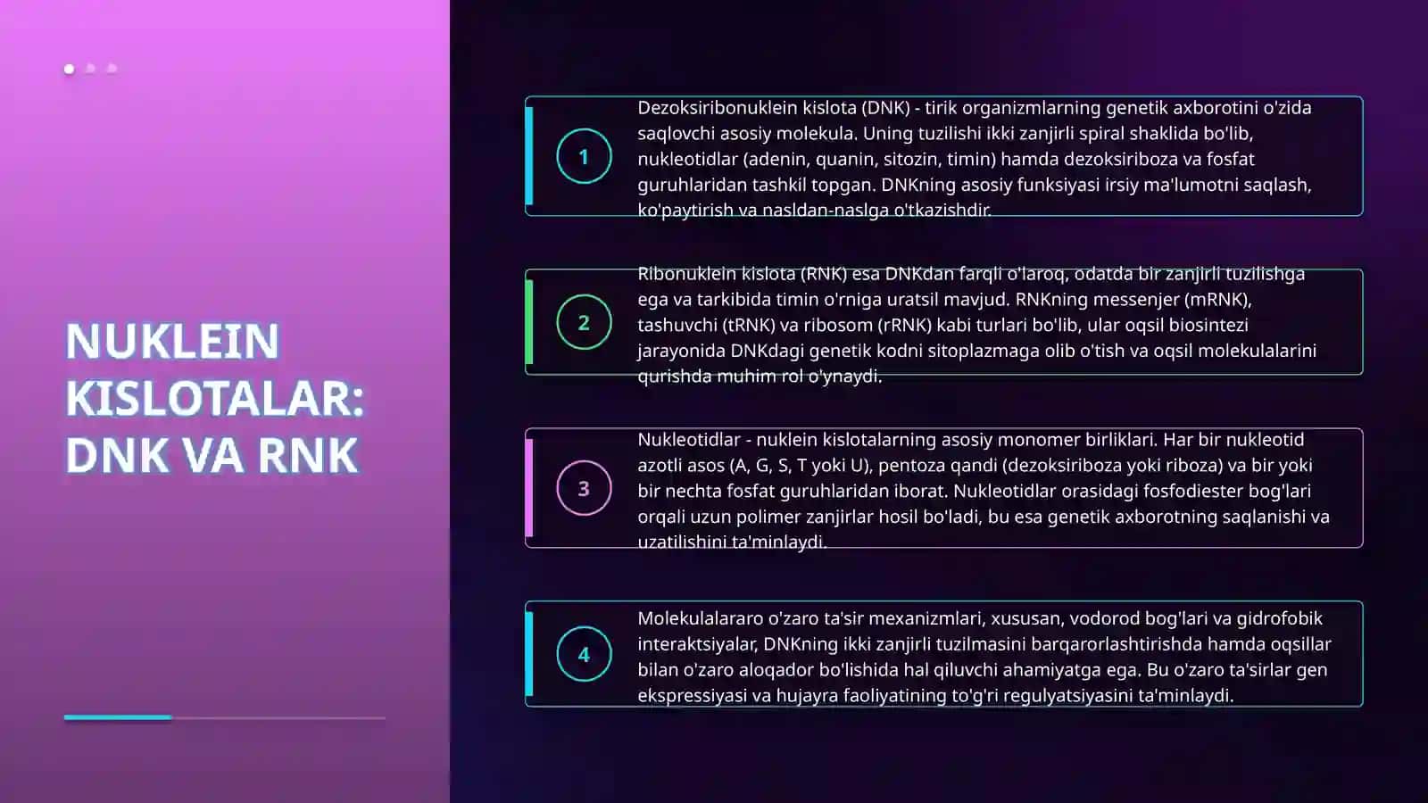 Tiriklikning molekulyar asoslari. Nuklein kislotalar va ularning irsiy belgilarini nasldan-naslga oʻtishdagi roli. DNKning oqsil biosintezidagi roli. Genetik injeneriya 4