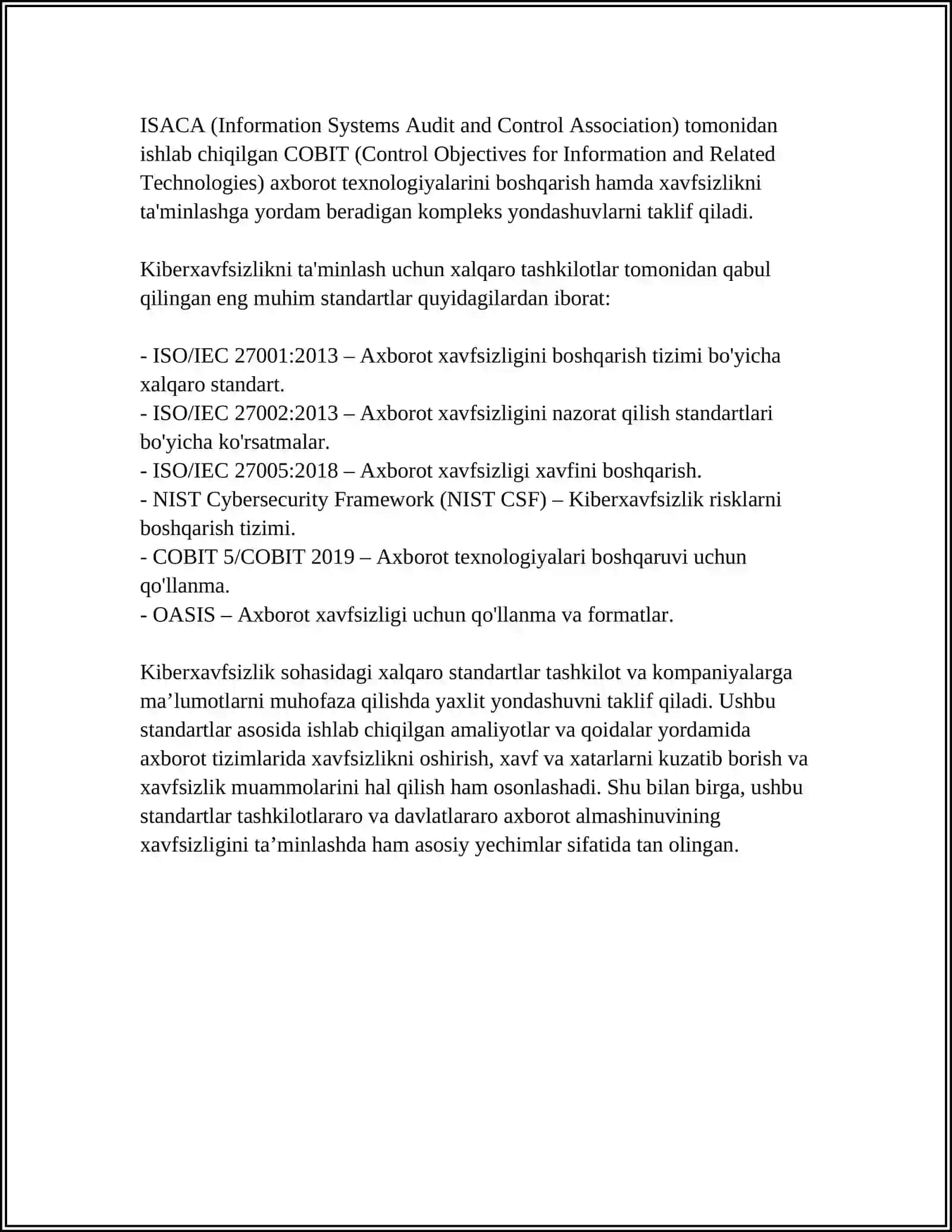 MUSTAQIL ISH Mavzu: KIBERHUQUQ SOHASIGA OID HALQARO STANDARTLAR 4
