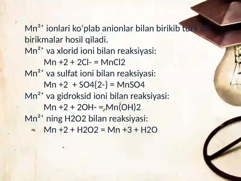 Mn +2 kationini organizmdagi ahamiyati,tibbiyotda qòllanilishi va dori vositalari tarkibida sifat hamda miqdorini aniqlash 4
