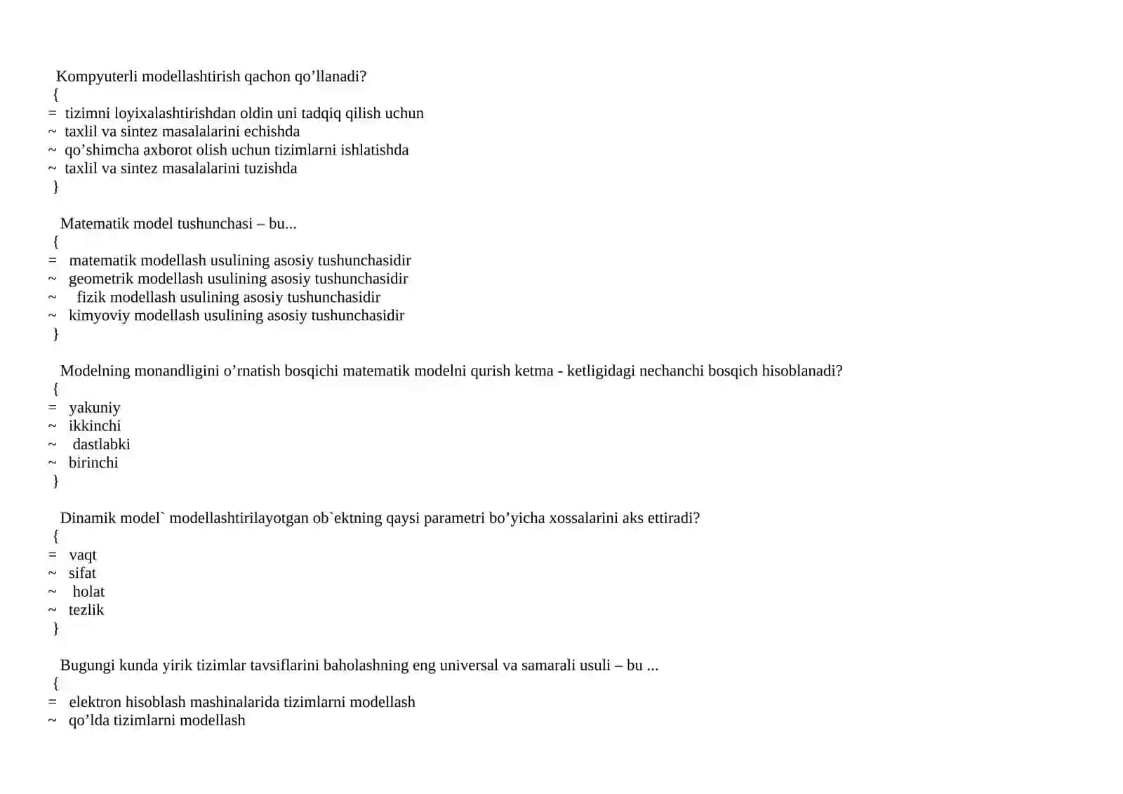 Matematik modellashtirish fanidan testlar. 4