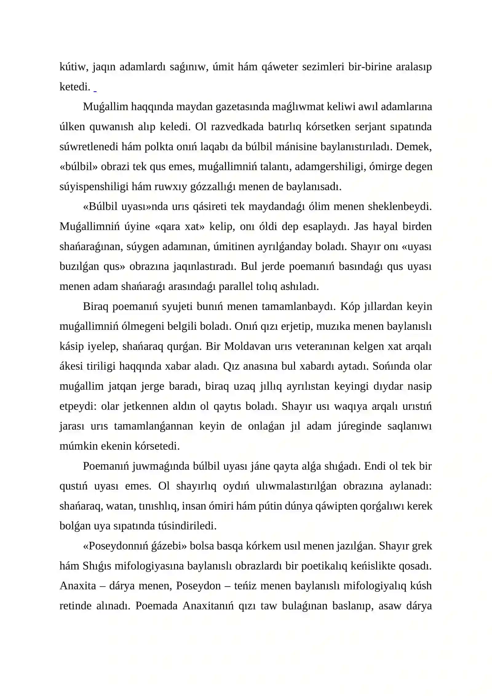 IBRAYÍM YUSUPOVTÍŃ «BÚLBIL UYASÍ» HÁM «POSEYDONNÍŃ ǴÁZEBI» POEMALARÍNÍŃ IDEYALÍQ-KÓRKEMLIK ÓZGESHELIKLERI 4