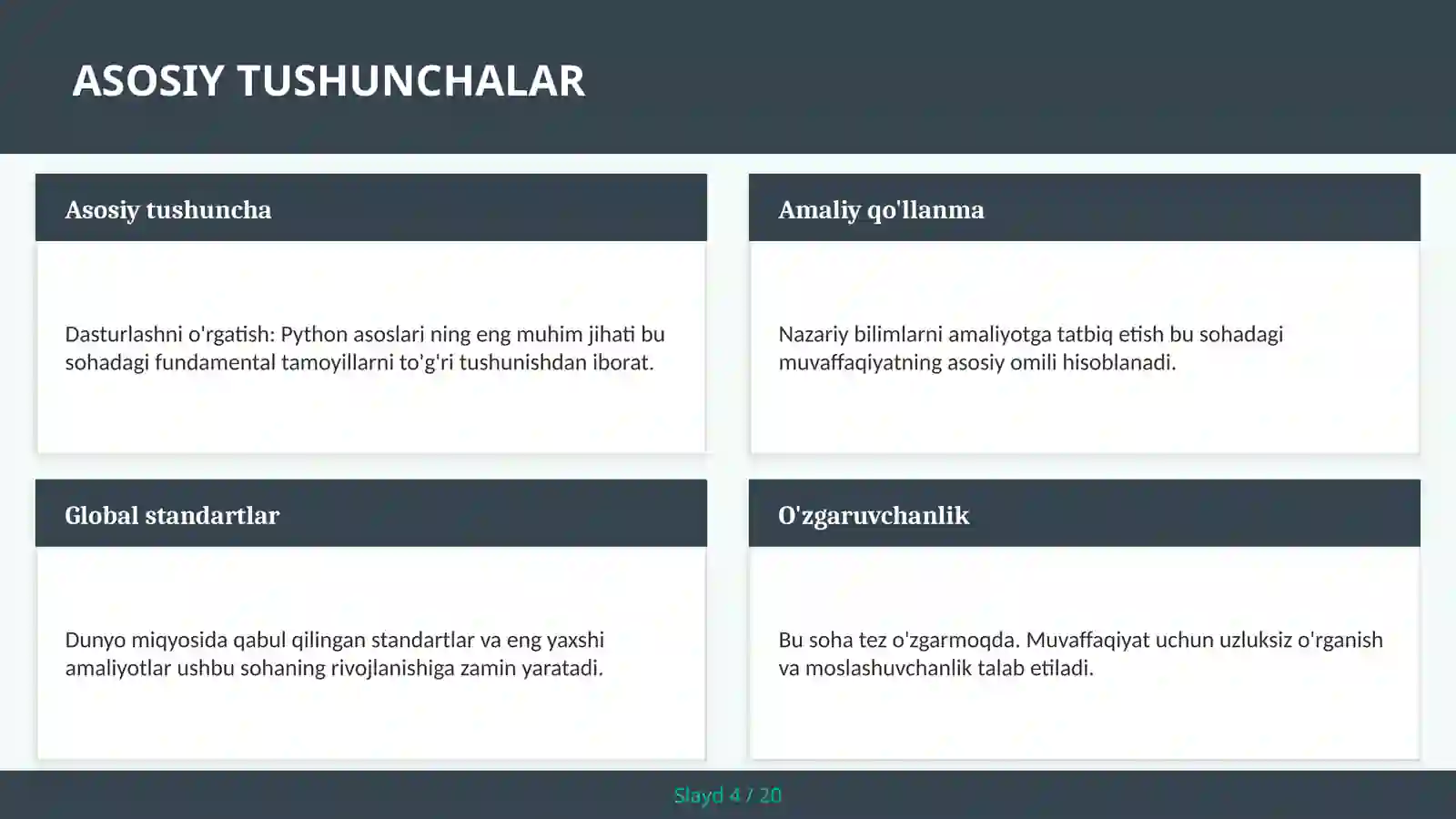 Dasturlashni o'rgatish: Python asoslari 4