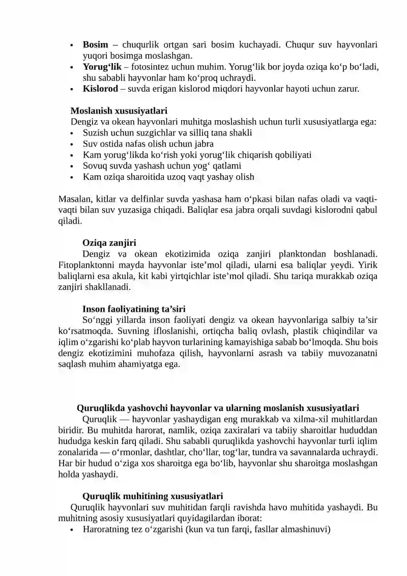 Dengiz, okean, quruqlik va chuchuk suv havzalarida hayvonlarning tarqalishi hamda yashash sharoitlari 4