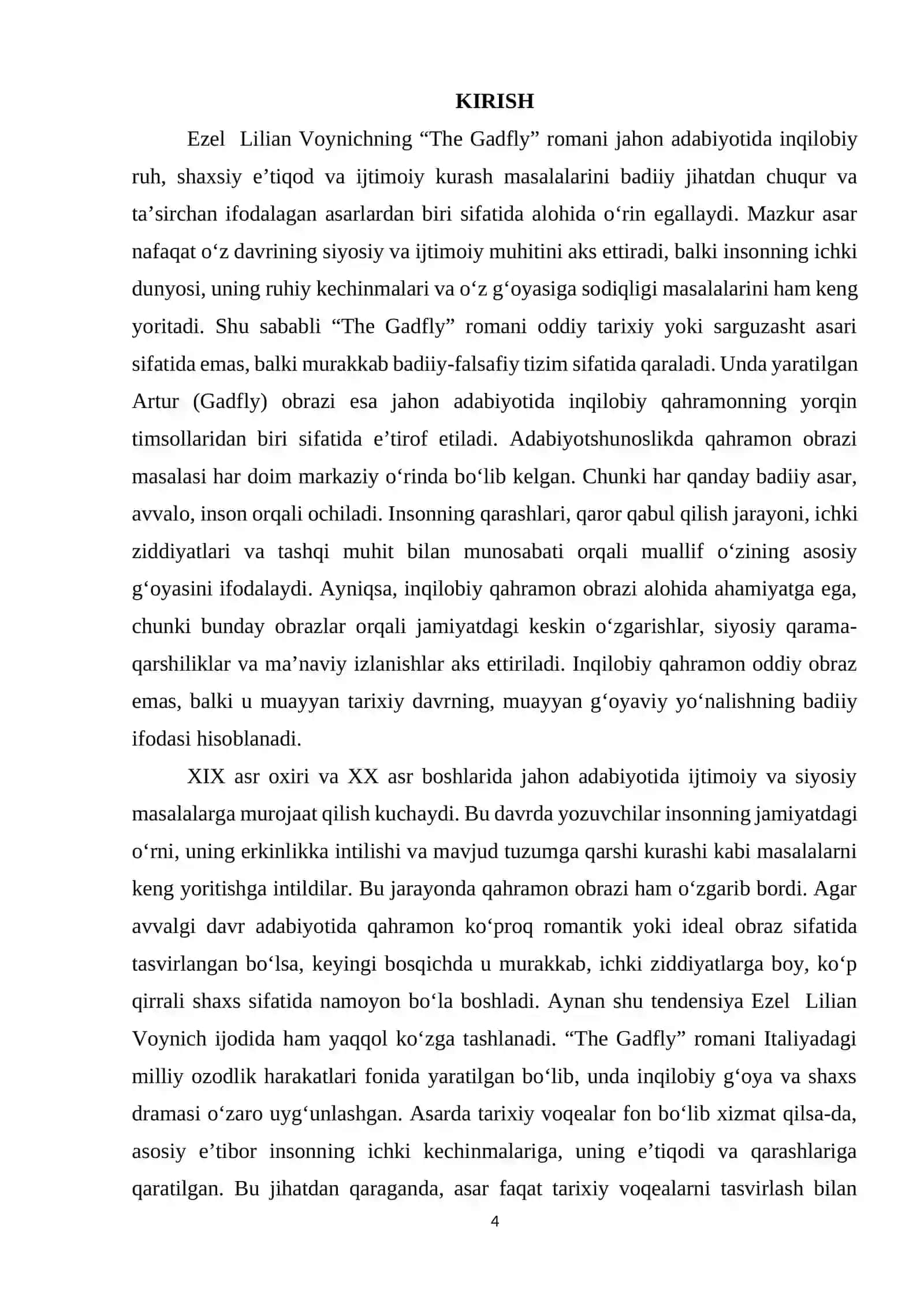"E.L. VOYNICHNING "THE GADFLY" ASARIDA INQILOBIY QAHRAMON OBRAZI" KURS ISHI 4