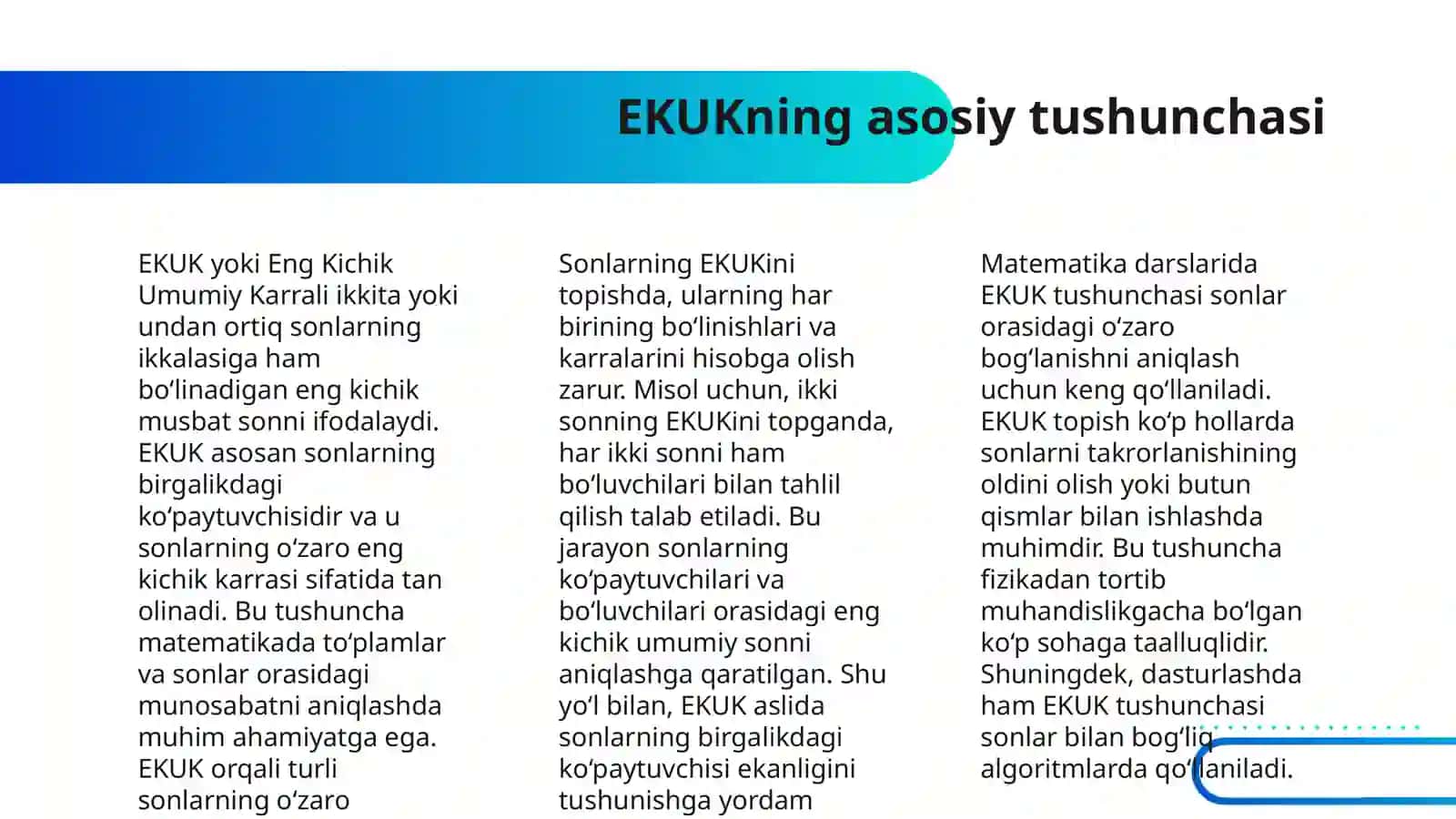 SONLARNING ENG KICHIK UMUMIY KARRALISI VA ENG KATTA UMUMIY BO'LUVCHISI 4