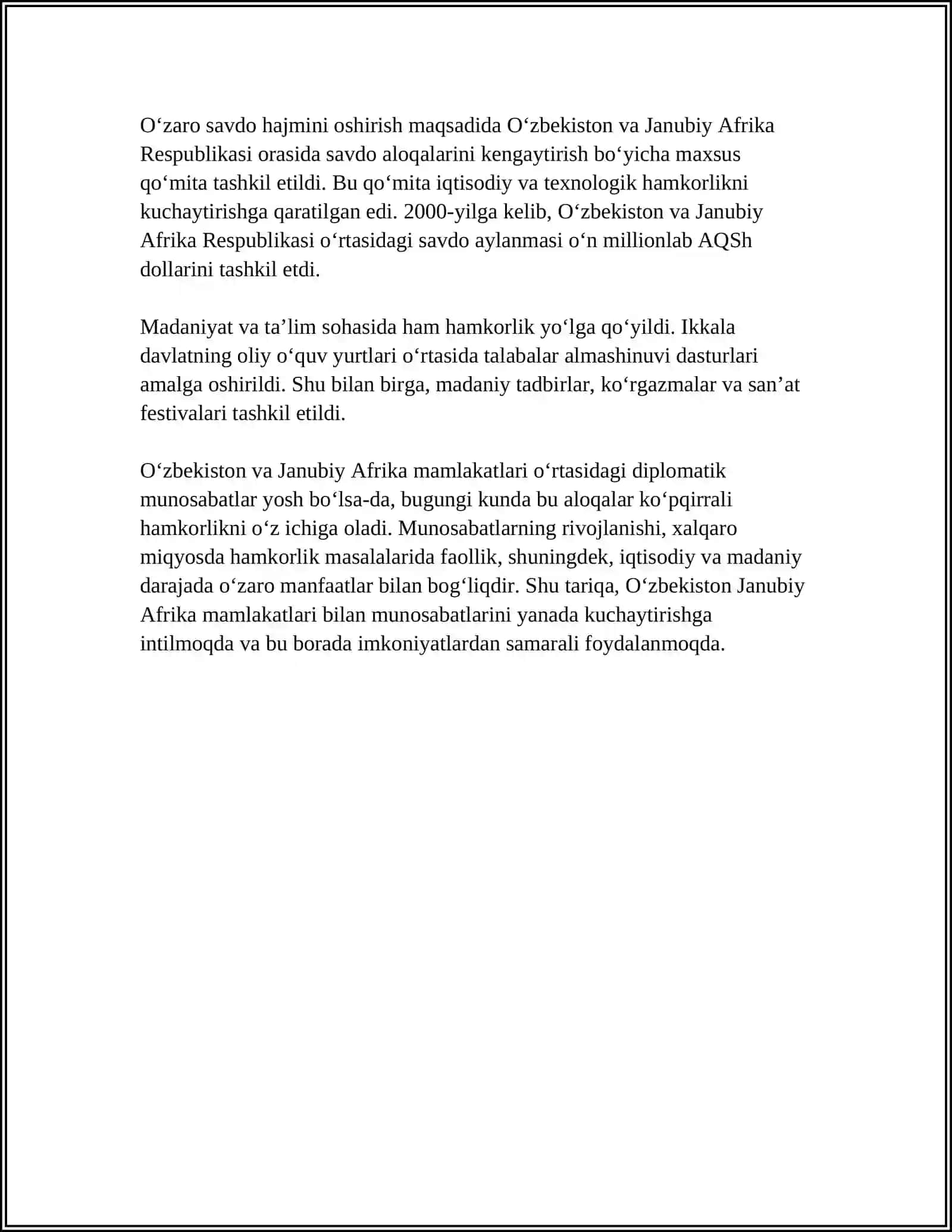 ÒZBEKISTON VA JAHON JAMIYATI ( JANUBIY AFRIKA MAMLAKATLARI XALQARO DIPLOMATIK ALOQALAR MISOLIDA) 4