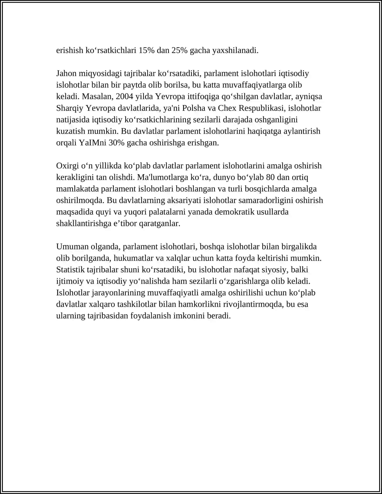 O‘ZBEKISTON RESPUBLIKASIDA PARLAMENT ISLOHOTLARINING ZARURIYATI TAJRIBA VA MUAMMOLAR 4