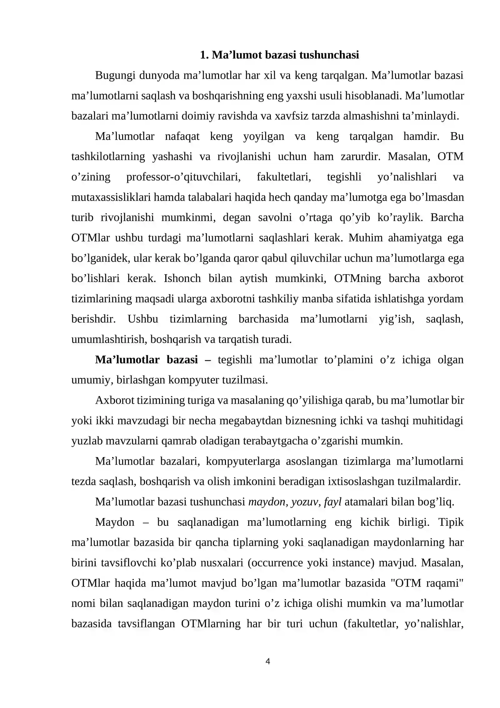 MA’LUMOTLAR BAZASI TEXNOLOGIYALARI FANIDAN “Xalq Ta`lim bo`limi” ma`lumotlar bazasini loyihalashtirish mavzusida KURS ISHI 4