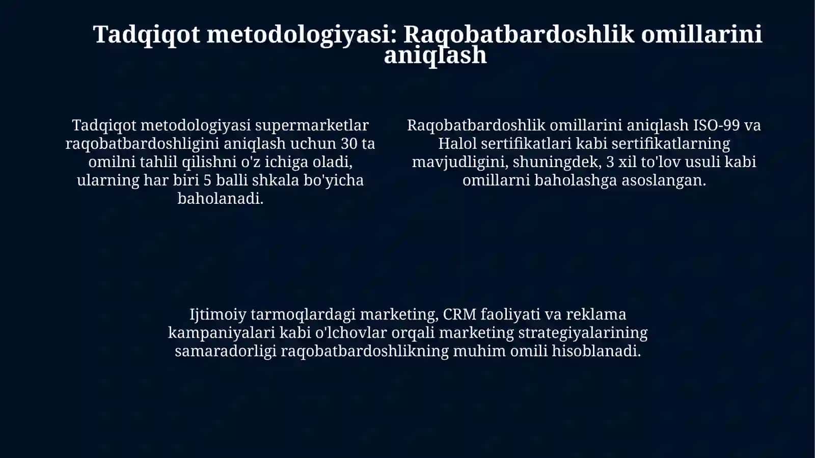 Korzinka, Havas va Makrosupermarketlarining raqobatbardoshligini tahlil qilish 4