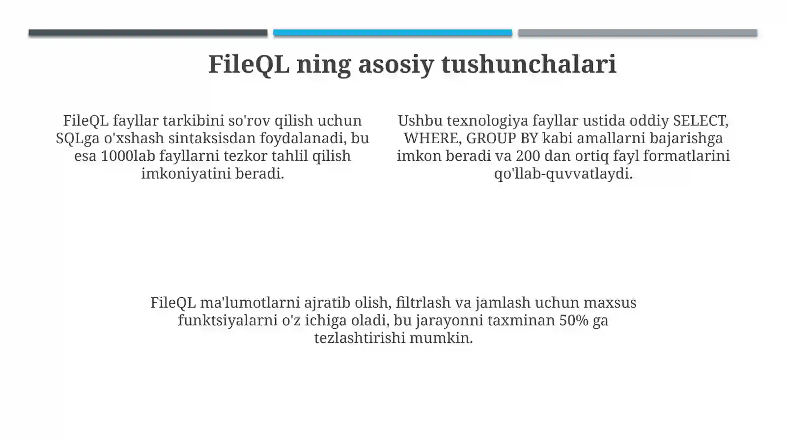 Fayl QL – bu fayl formatlari va tarkibini so'rov qilish uchun ishlatiladigan kuchli til 4