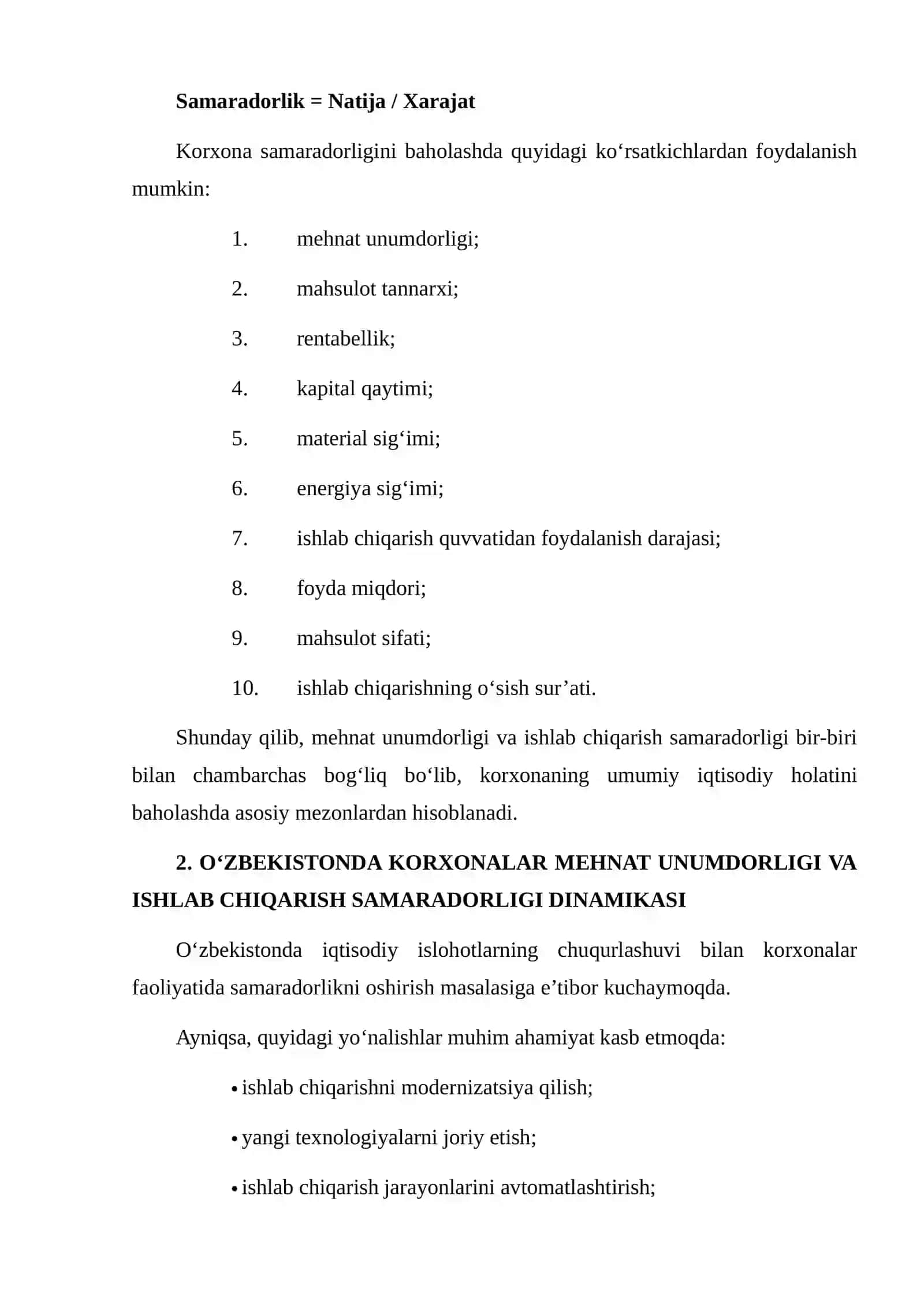 O‘ZBEKISTONDA VA XORIJIY KORXONALARDA MEHNAT UNUMDORLIGI VA ISHLAB CHIQARISH SAMARADORLIGI DINAMIKASINING QIYOSIY TAHLILI HAMDA KORXONA SAMARADORLIGIGA TA’SIR QILUVCHI OMILLAR 4