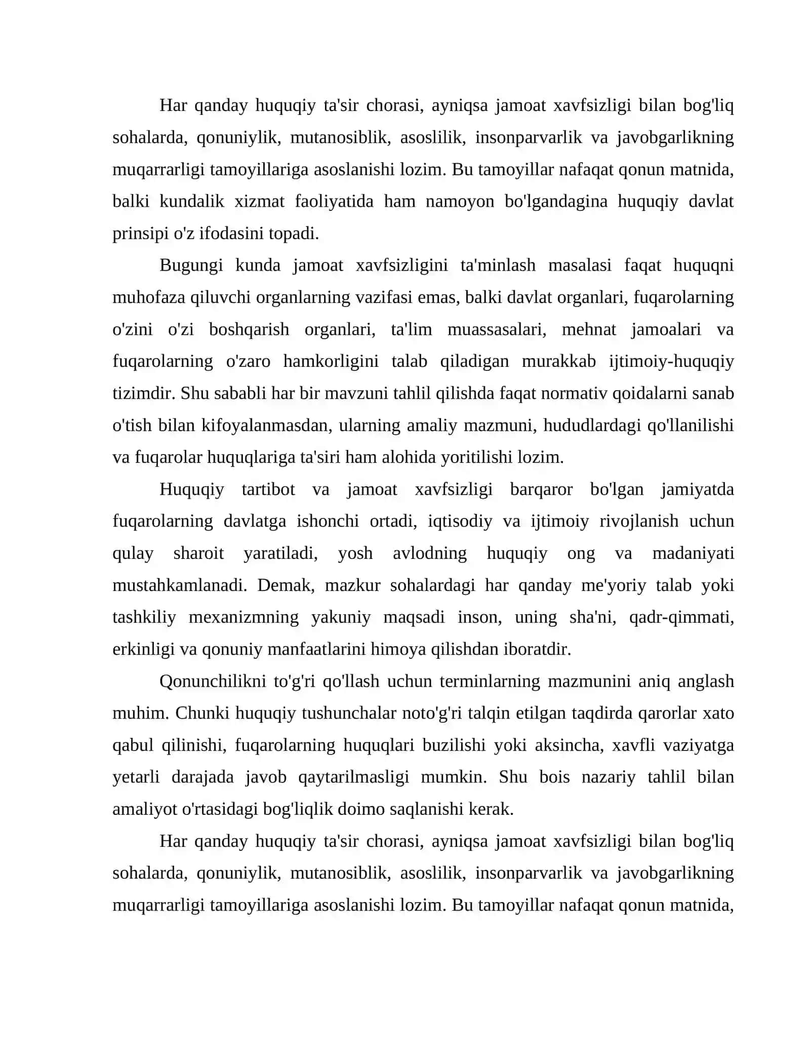 Referat HUQUQNI MUHOFAZA QILISH ORGANLARI IDORASIGA MUROJAAT QILGAN FUQAROLAR BILAN JAMOAT TARTIBINI SAQLASH BO'LINMALARI XODIMLARINING RASMIY FAOLIYATI BILAN BOG'LIQ BO'LMAGAN TURLI UMUMIY MASALALAR BO'YICHA MULOQOT QILISH TARTIB-QOIDALARI 4