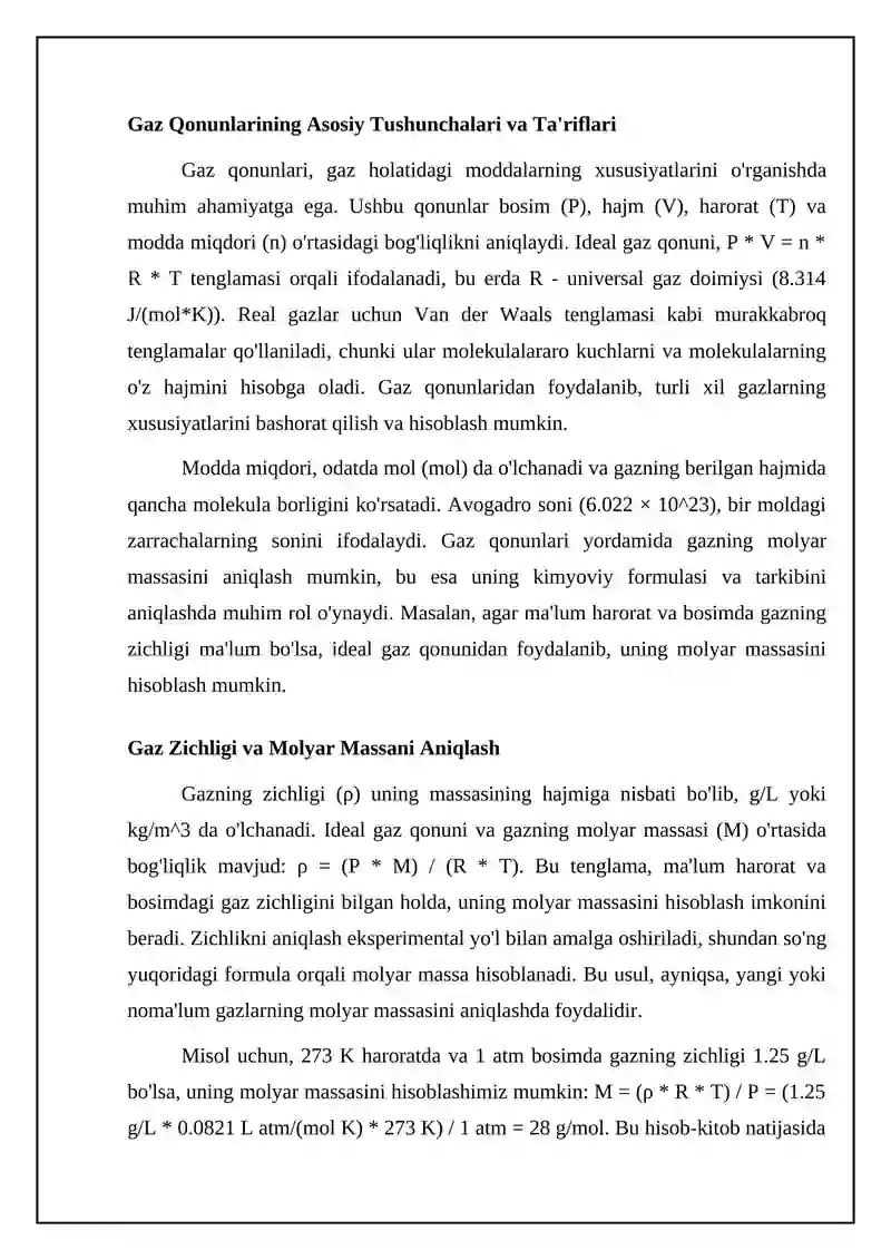 Gaz qonunlari modda miqdori ekvivalent massalarini aniqlash 4