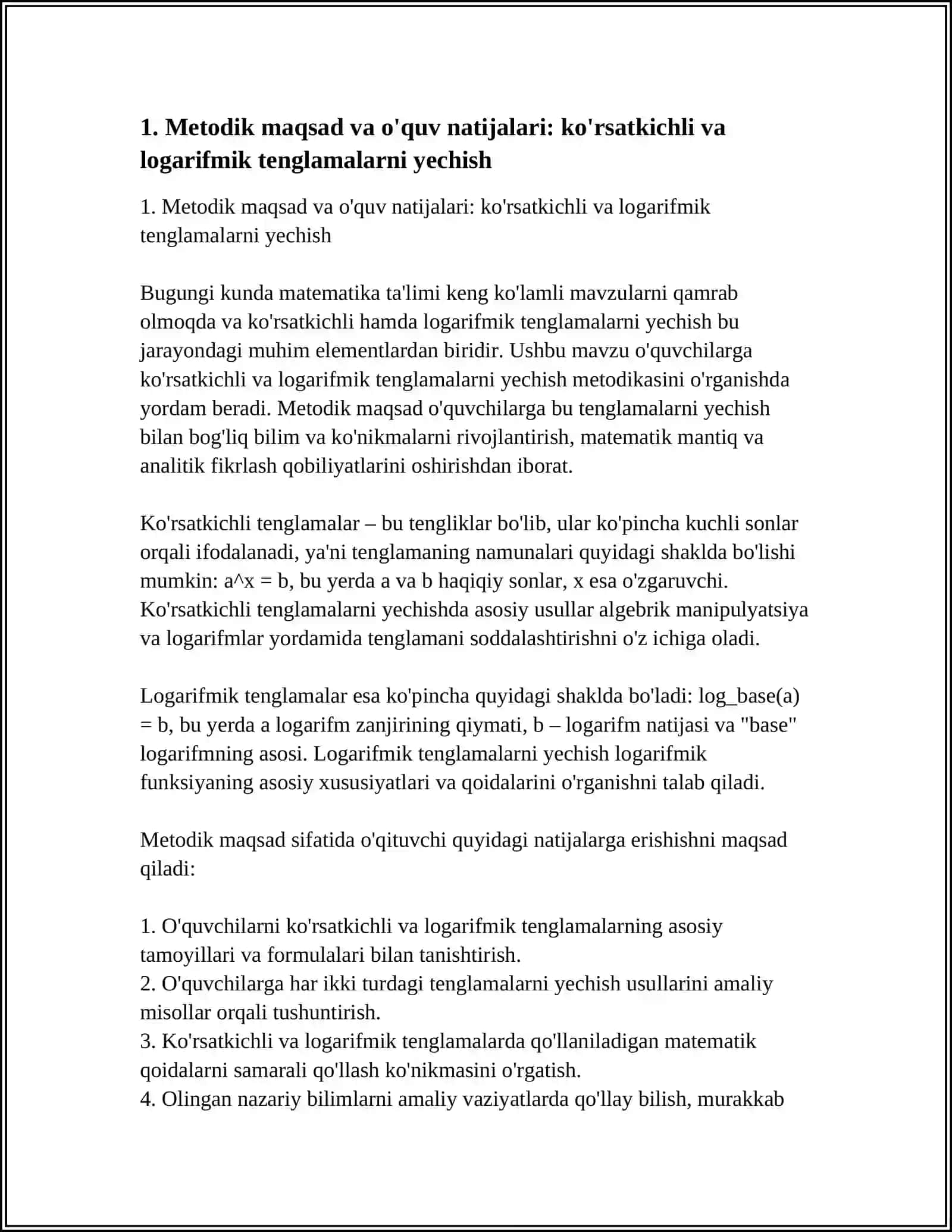 KO'RSATKICHLI VA LOGARIFMIK TENGLAMALARNI YECHISH METODIKASI 4