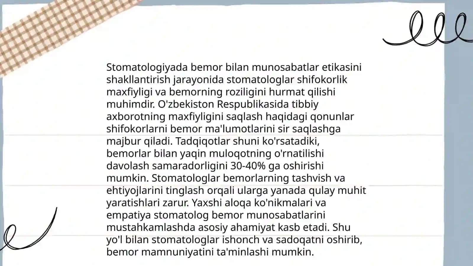 Stomatologiya etika va deontologiya. Stomatologik salomatlik va hayot sifati 4