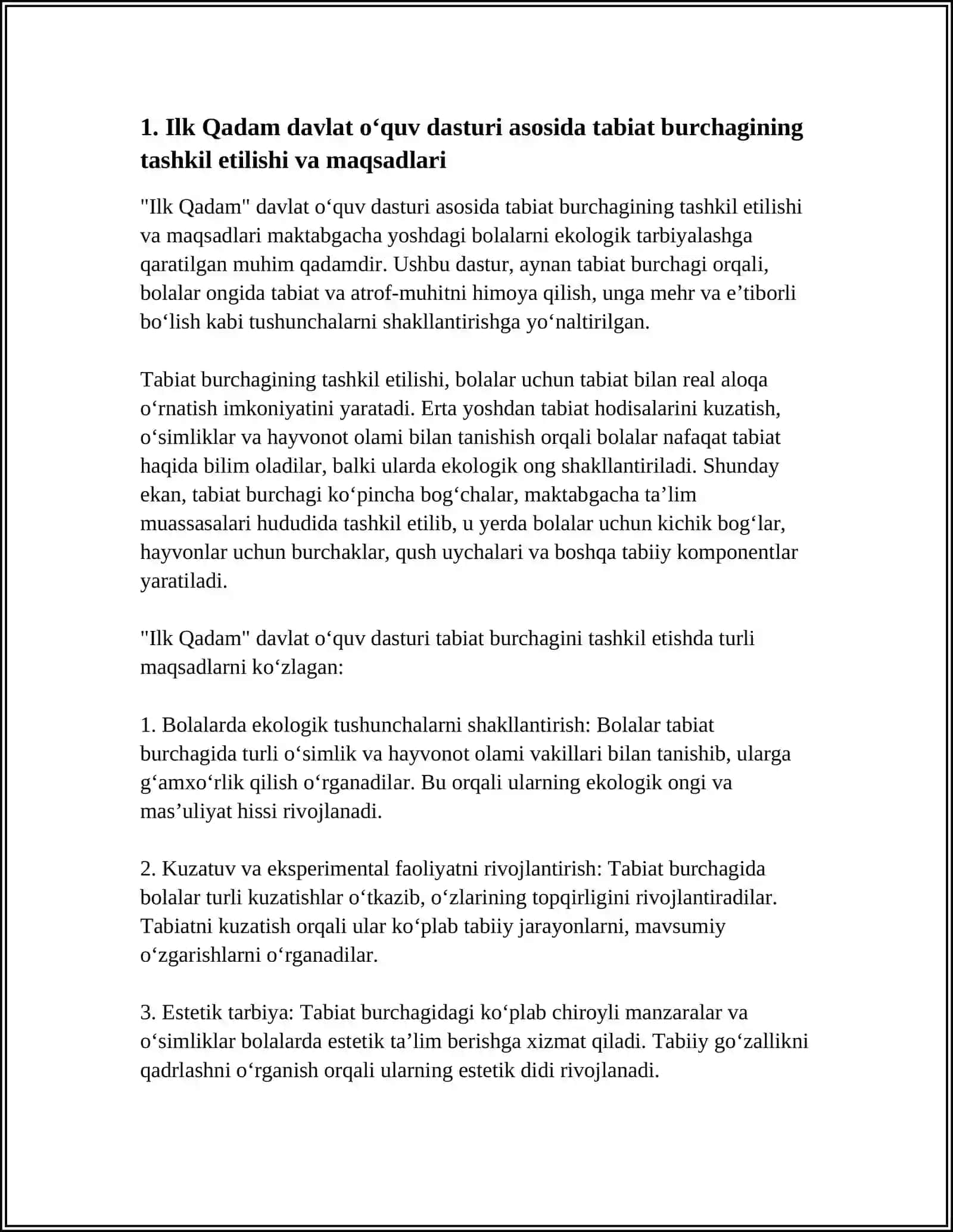 ILK QADAM DAVLAT O‘QUV DASTURI ASOSIDA FAOLIYAT MARKAZLARIDA MAKTABGACHA YOSHDAGI BOLALARNI EKOLOGIK TARBIYASINI TASHKIL QILISH 4