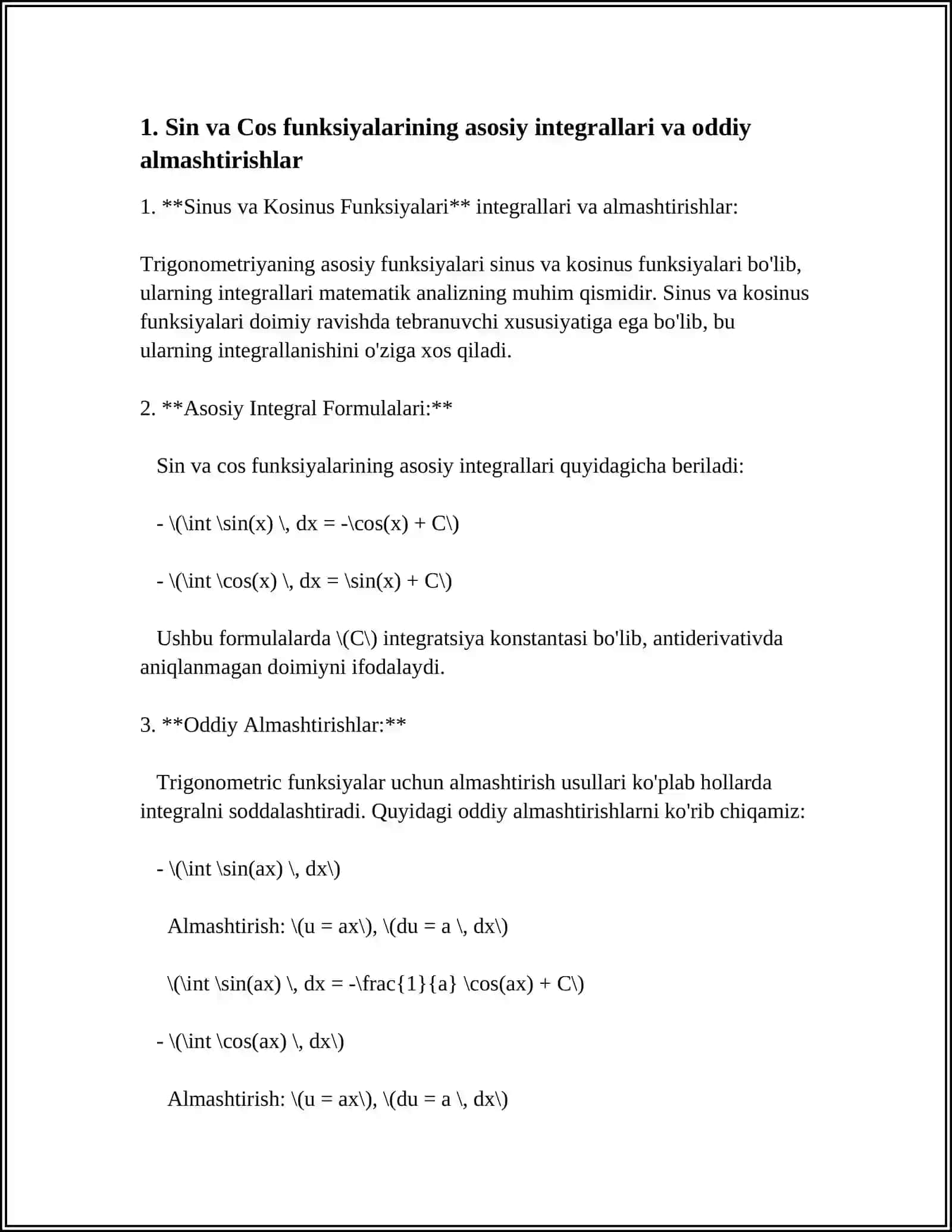 TRIGONOMETRIK FUNKSIYALARNI VA RATSIONAL KASRLARNI INTEGRALLASH 4