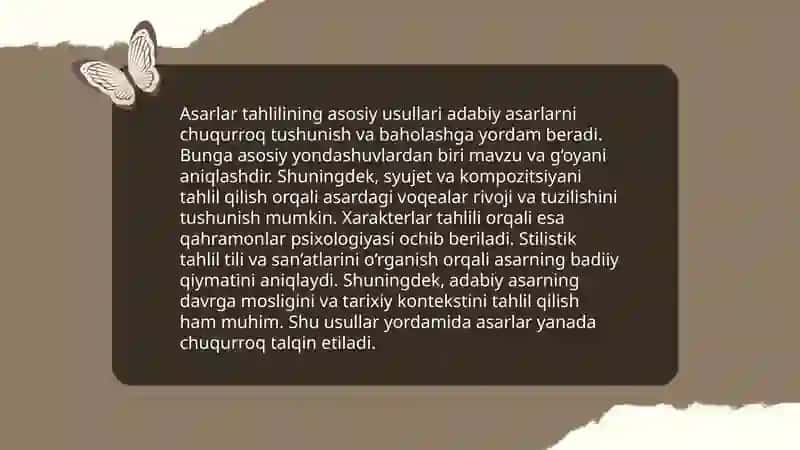 Adabiy-nazariy tushunchalarni oʻrganish.Asarlar yuzasidan savol-javob topshiriqlar ustida ishlash yoʻllari 4
