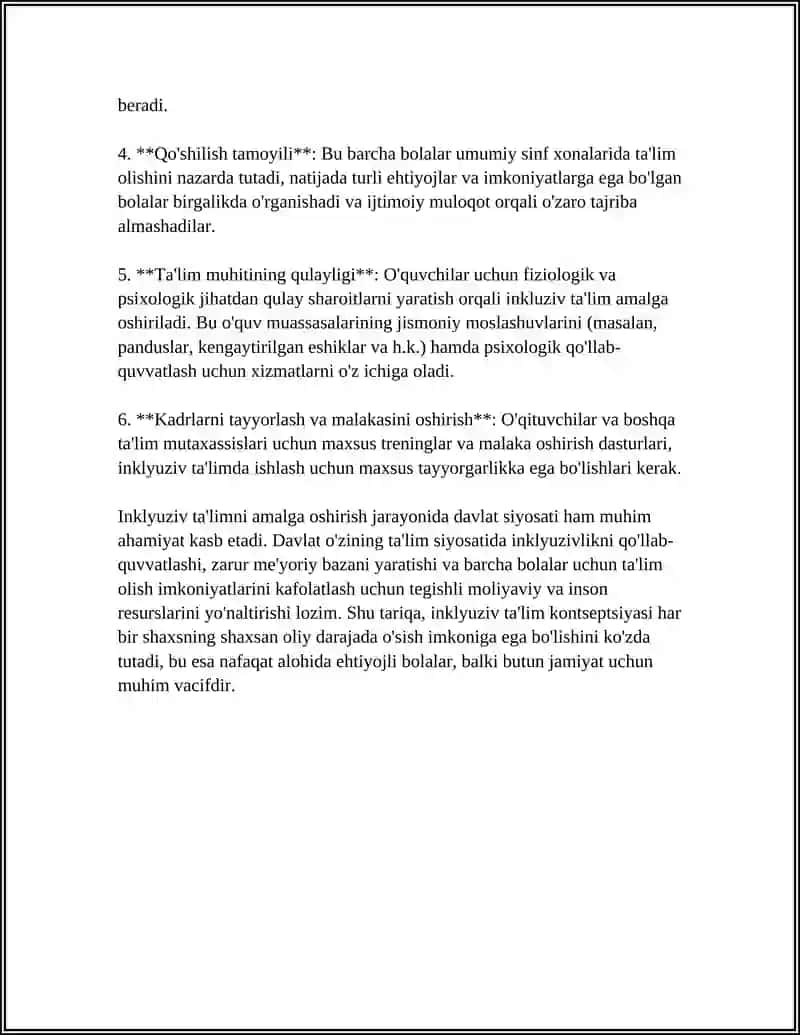 ALOHIDA YORDAMGA MUHTOJ SHAXSLARNI INKLYUZIV TALIM KONSEPSIYASINING MOHIYATI VA ASOSIY QOIDALARI 4
