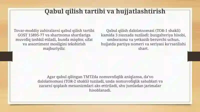 Tovar-moddiy zahiralarni qabul qilish va hisobga olishning me’yoriy-huquqiy asoslari va tartibi 4