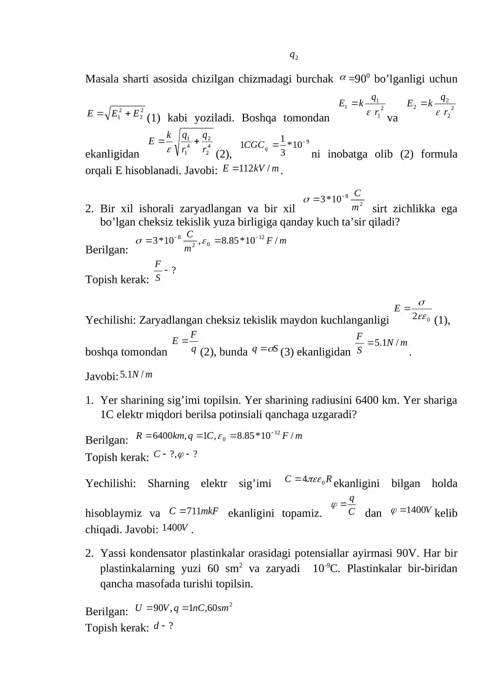 ELEKTR VA MAGNETISM BO'LIMIGA OID MASALALAR YECHISH 4