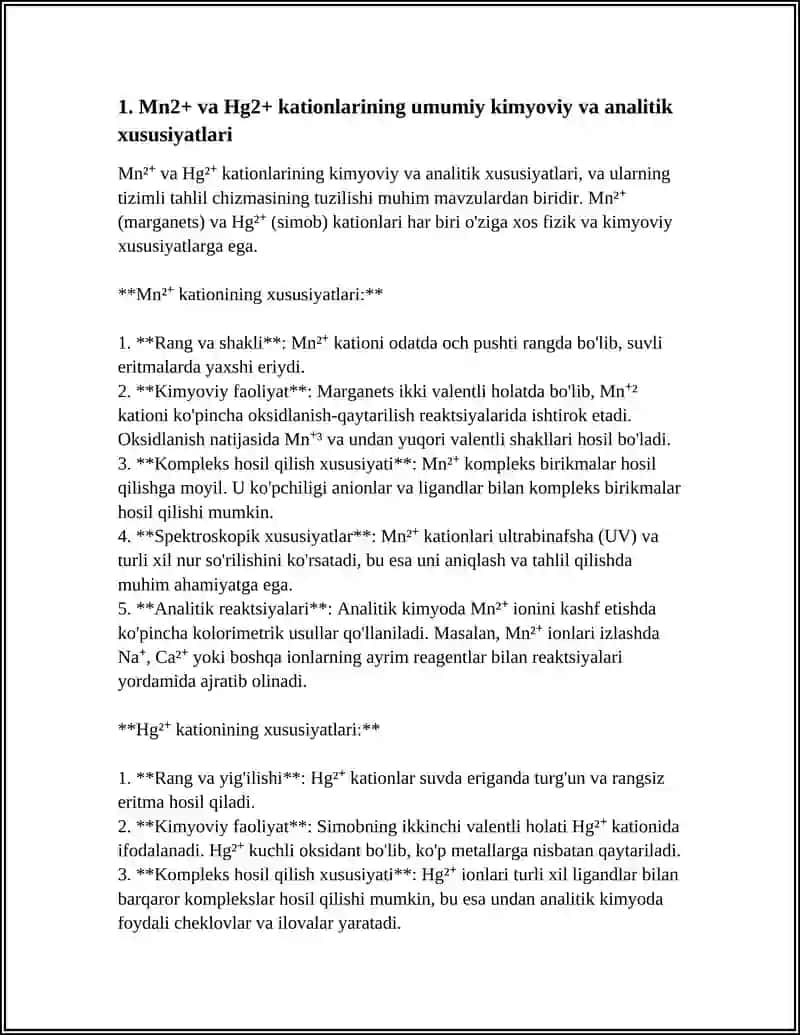 MN2 HG2 KATIONLARINI TIZIMLI TAHLIL CHIZMASINI TUZISH VA ANALITIK REAKSIYALARI 4