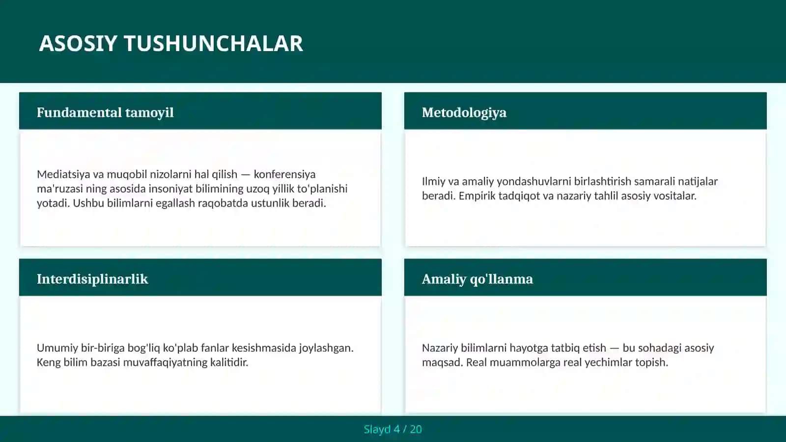 Mediatsiya va muqobil nizolarni hal qilish — konferensiya ma'ruzasi 4