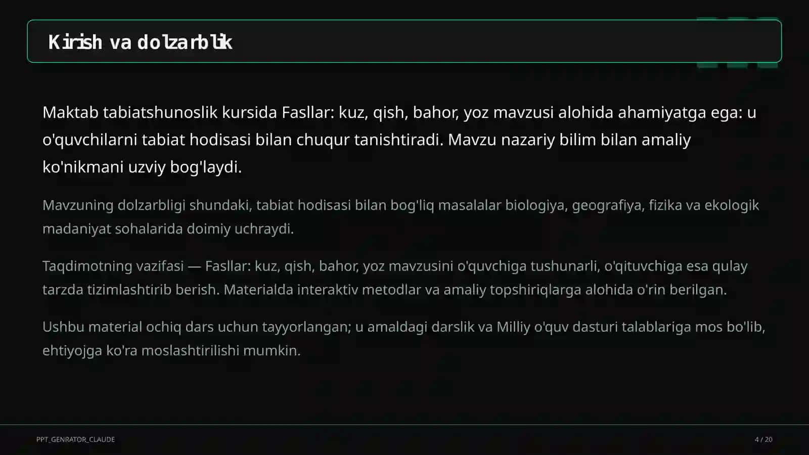 Tabiatshunoslik Dars Rejasi 4