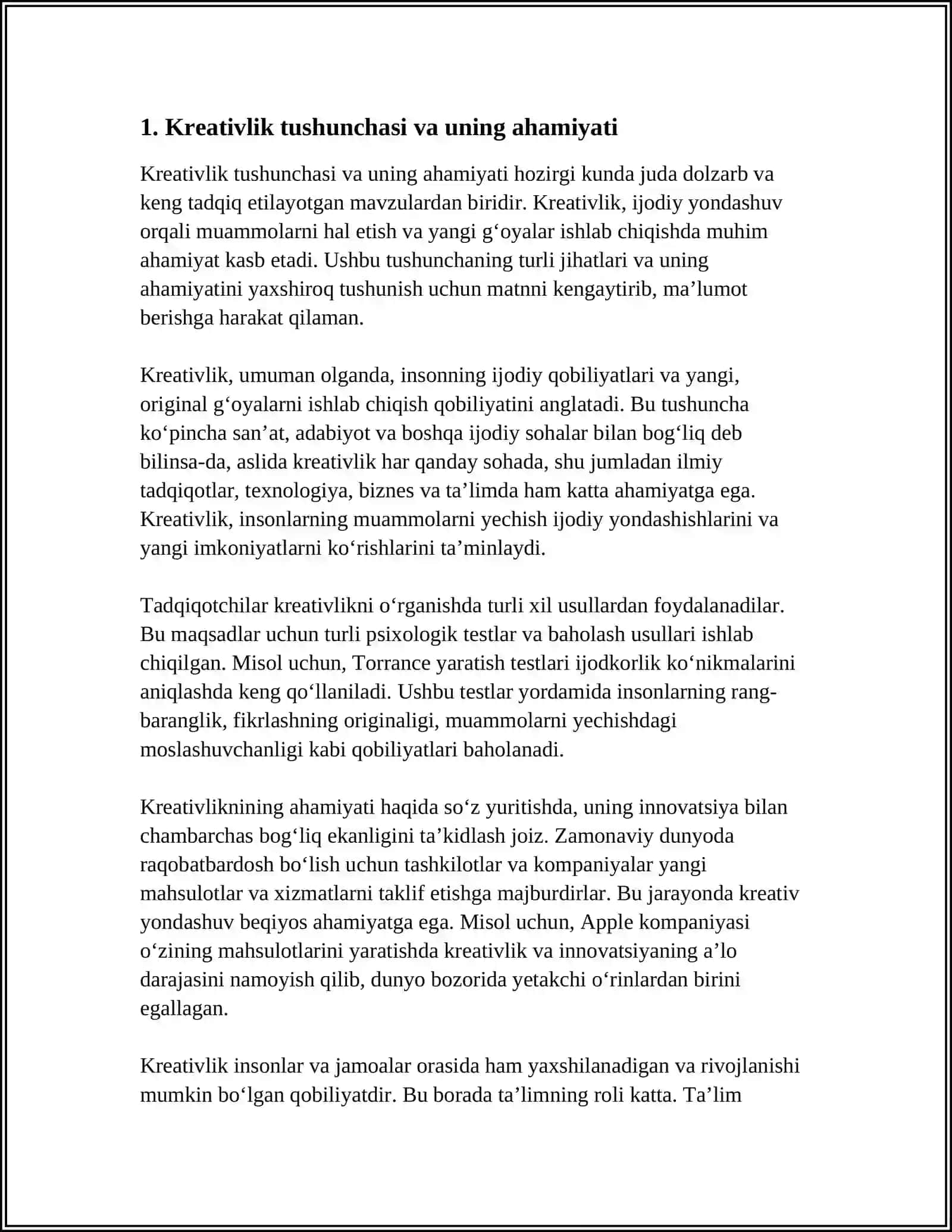 BILISH JARAYONLARINI TEKSHIRISH METODIKALARINI O'RGANISH VA QO'LLASH USULLARI.KREATIVLIK.KREATIVLIKKA XUS XUSUSIYATLAR 4