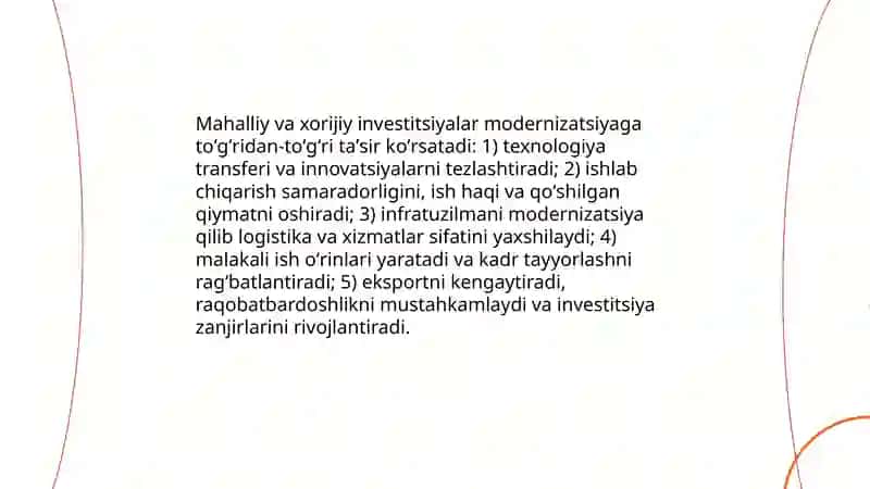 Ekonomikani modernizatsiyalawda investitsiya joybarlardin roʻli haʼm aʼhmiyeti 4
