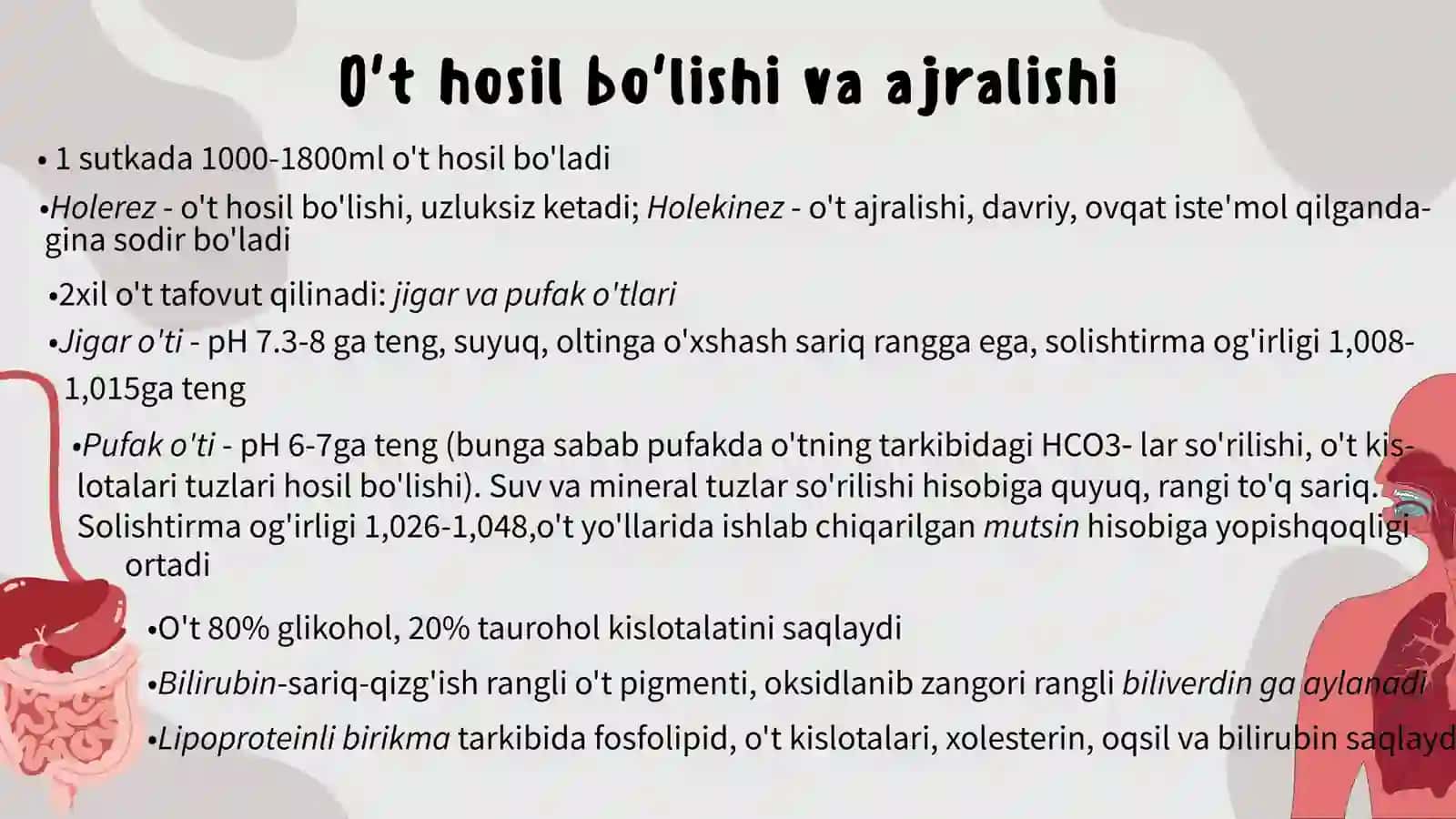JIGARNING HAZM JARAYONIDAGI ROLI. OT-SAFRO AJRALISHI BOSHQARILISHI. OGʻIZ BO'SHLIGI VA ME'DADA OVQAT 4