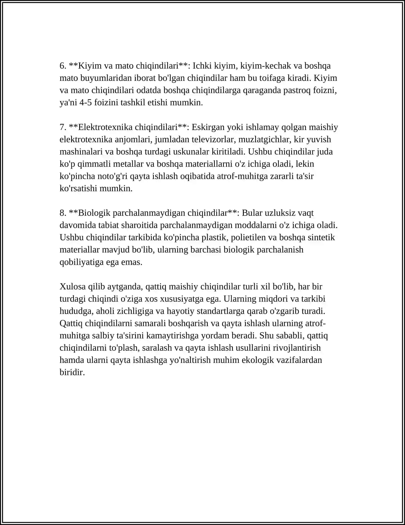 MUSTAQIL ISH Mavzu: QATTIQ MAISHIY CHIQINDILAR,ULARNI QAYTA ISHLASH VA KOʻMISH MUAMMOLARI 4
