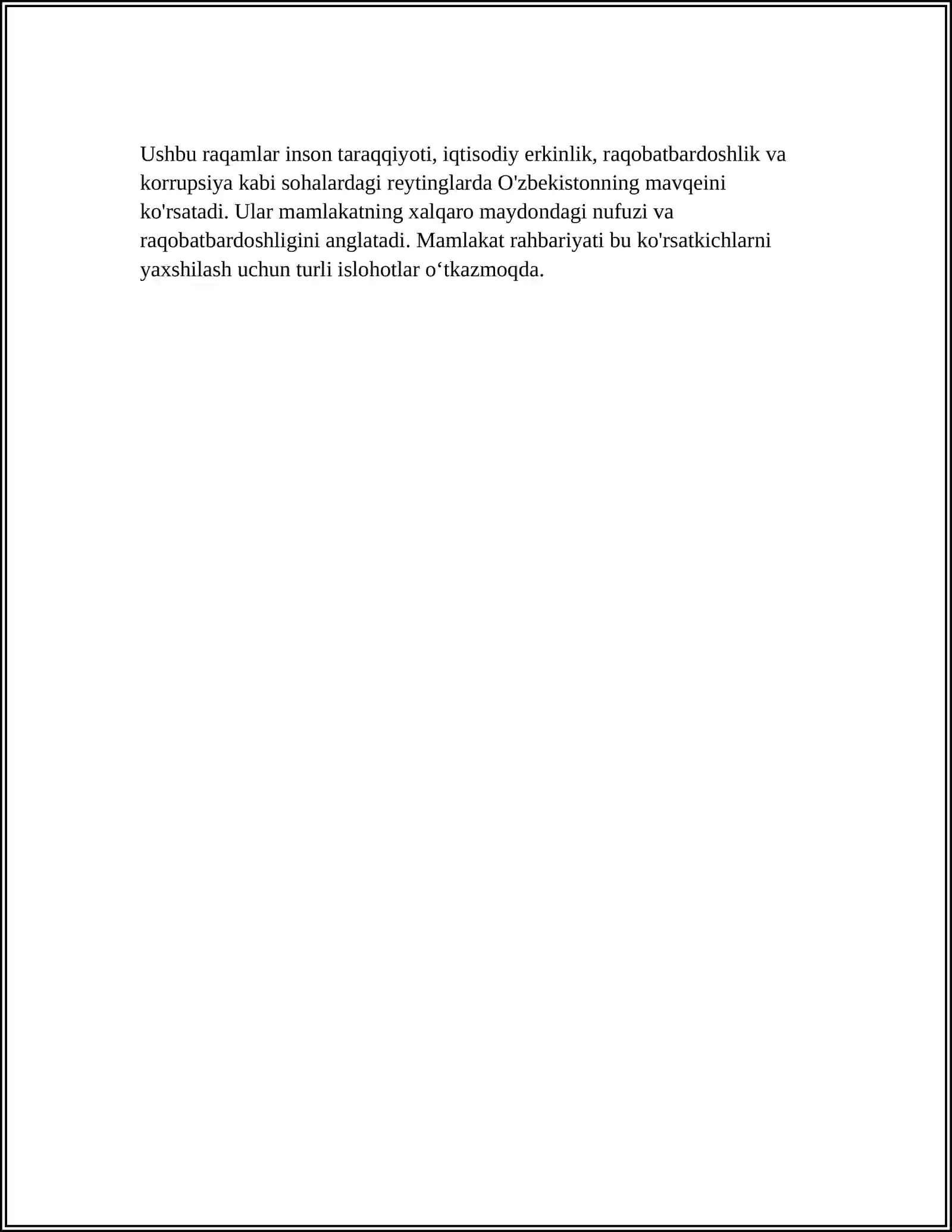 YANGI O'ZBEKISTON IJTIMOIY-IQTISODIY VA MADANIY HAYOTIDA RO'Y BERAYOTGAN O'ZGARISHLARNING XALQARO REYTING VA INDEKSLARDA AKS ETISHI 4