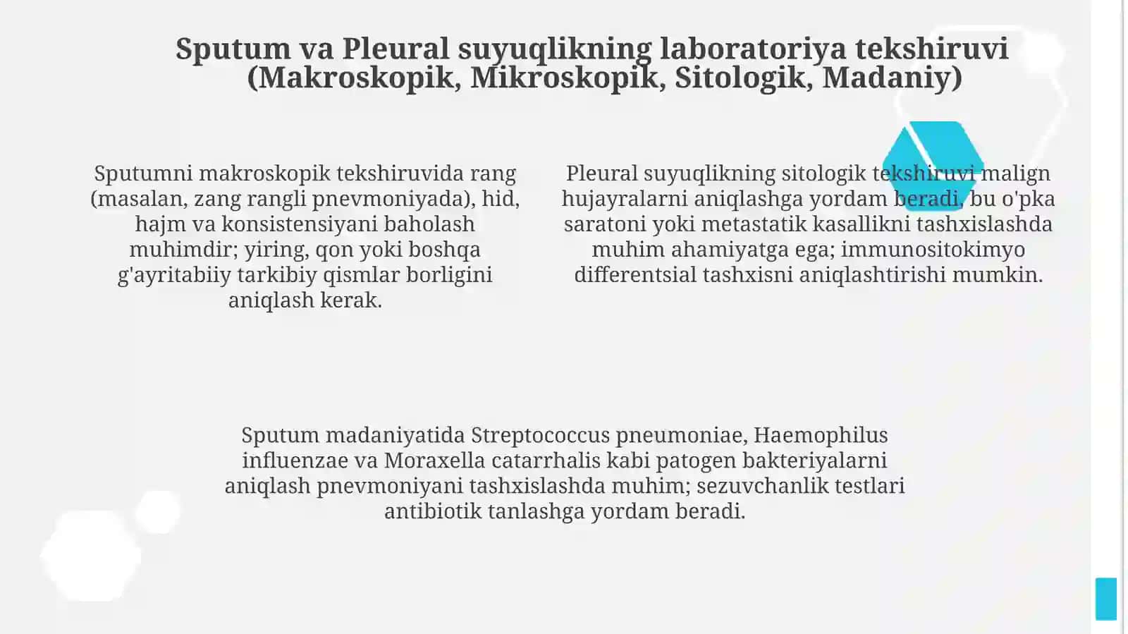 Nafas a'zolar kasaliklarida balgʻam va plevra suyuqligi laboratoriya tekshiruviinpertratsiyasi 4