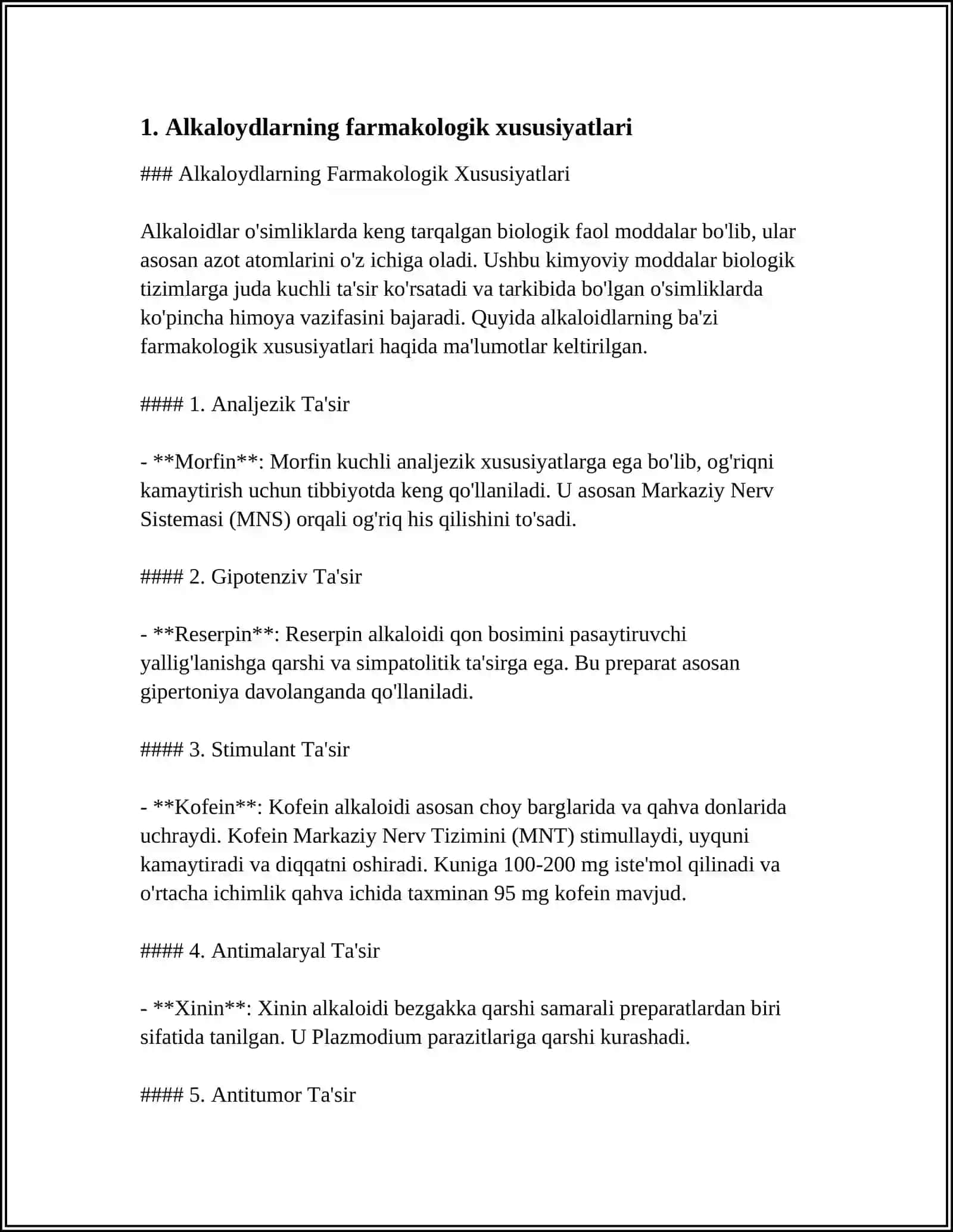 ALKALOIDLAR. TARKIBIDA ALKALOIDLARNI SAQLOVCHI DORIVOR O'SIMLIK (GIYOH)LAR VA DORIVOR O'SIMLIK (GIYOH)LAR XOM ASHYOLARI 4