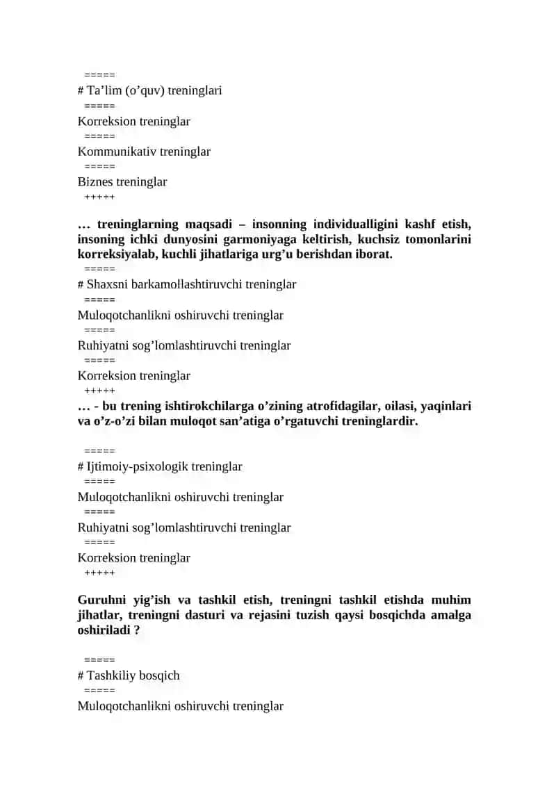 IJTIMOIY PSIXOLOGIK TRENING VA AMALIYOT fanidan test savollari 4