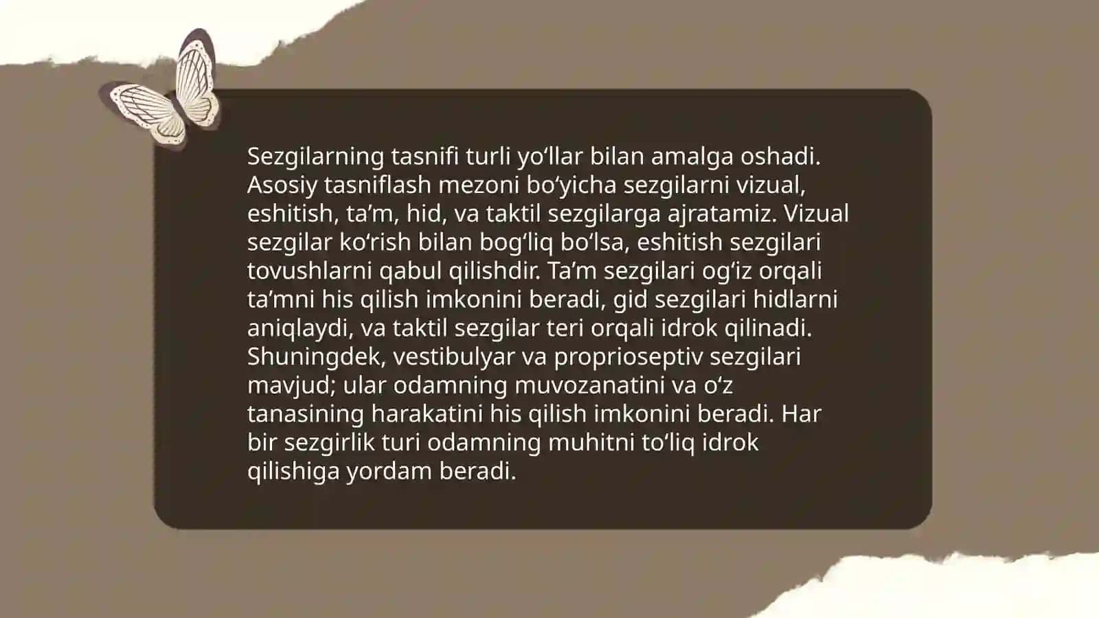 Sezgilarning tasnifi. Sezgilarning turlari. Sezgi sohasidagi qonuniyatlar 4