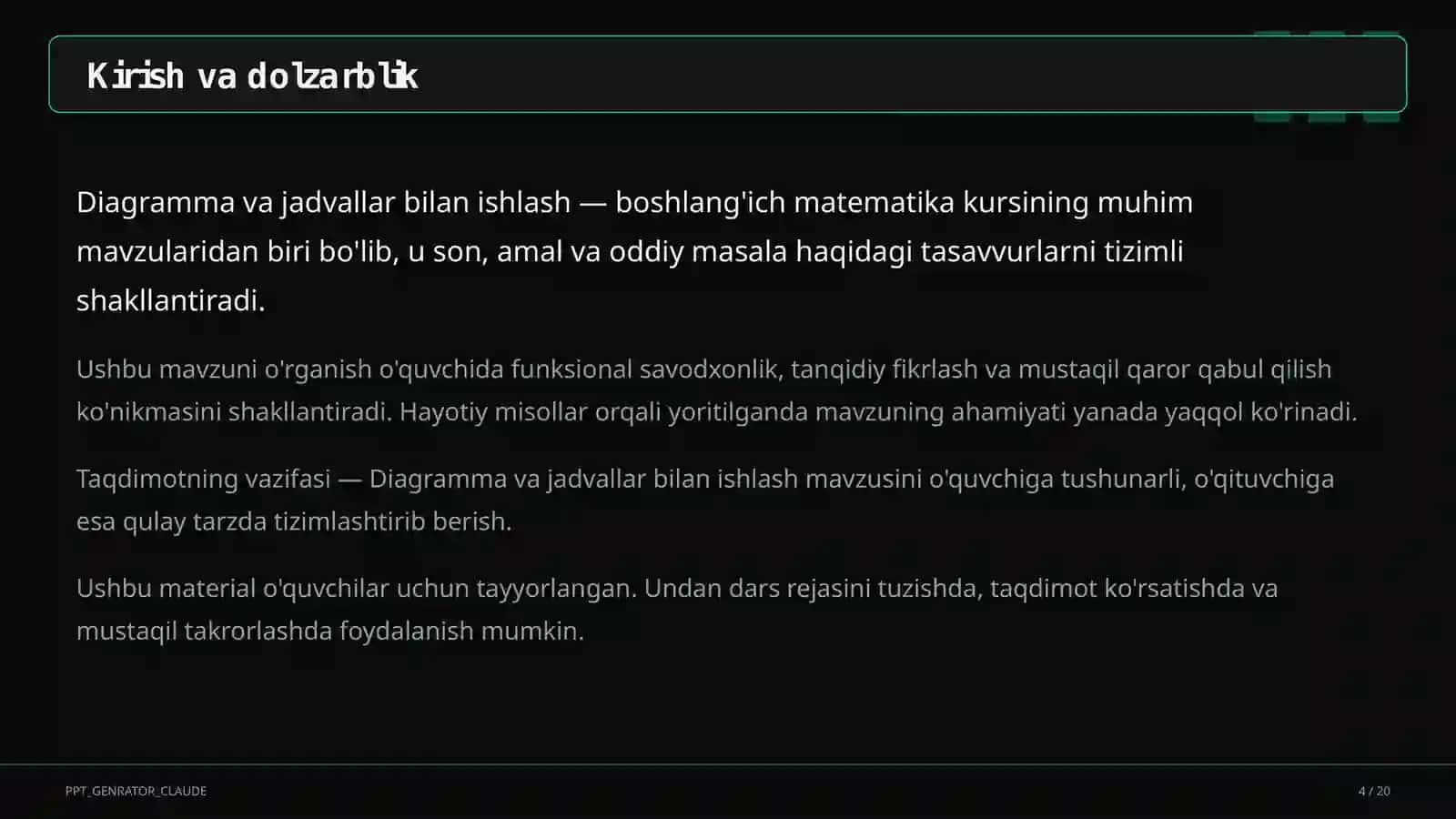 Diagramma va jadvallar bilan ishlash (4-sinf) 4