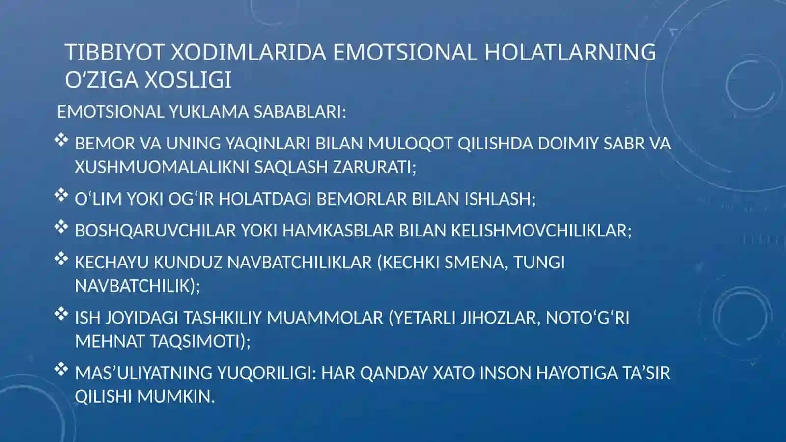 TIBBIYOT XODIMLARIDA EMOTSIONAL HOLATLARNING O’ZIGA XOSLIGI: STRESS VA UNING BOSQICHLARI, BARTARAF ETISH YO’LLARI 4